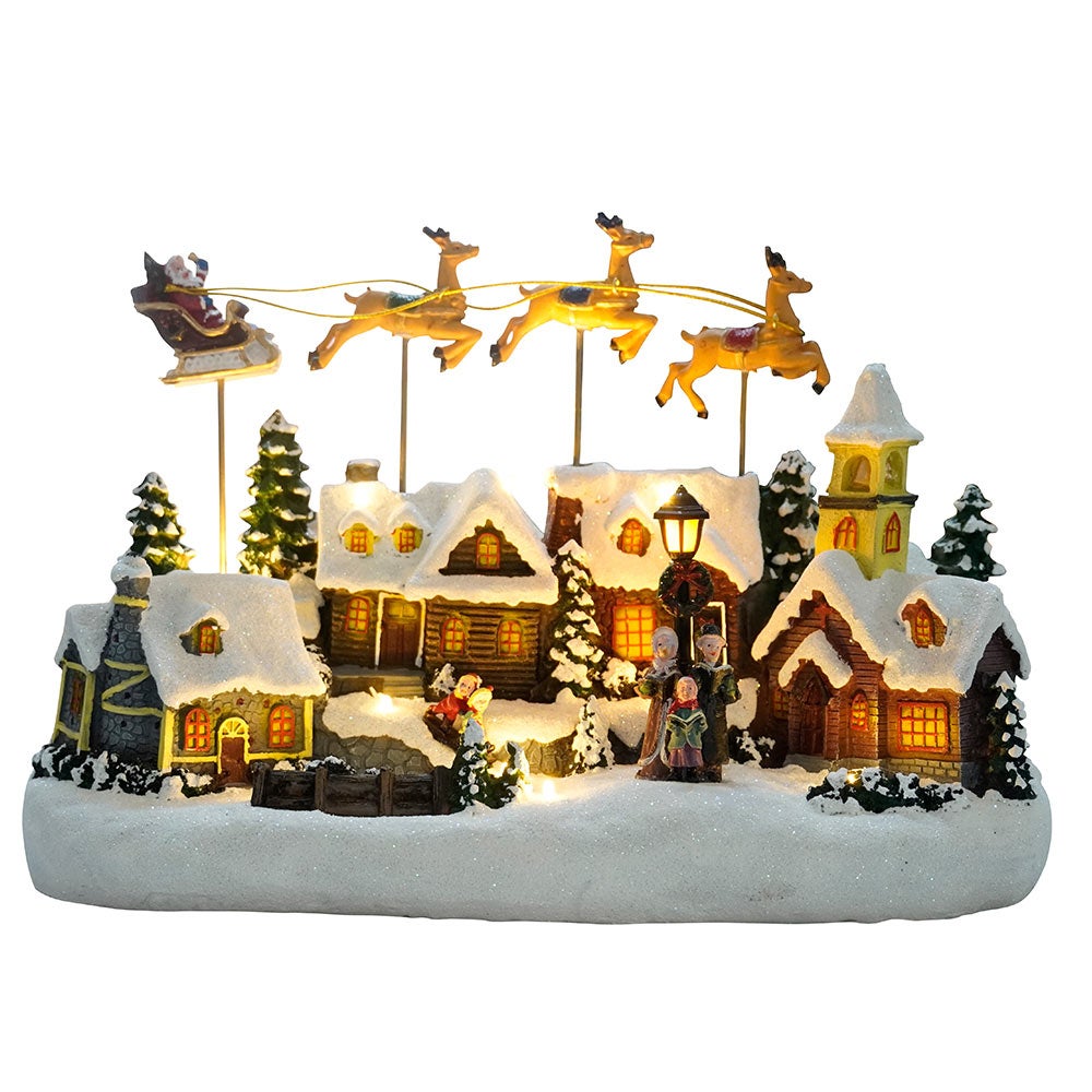 Village de Noël, Maison scène de Noël, Traineau en mouvement et Sapin de Noël RGB, h 23 cm, mélodies de Noël