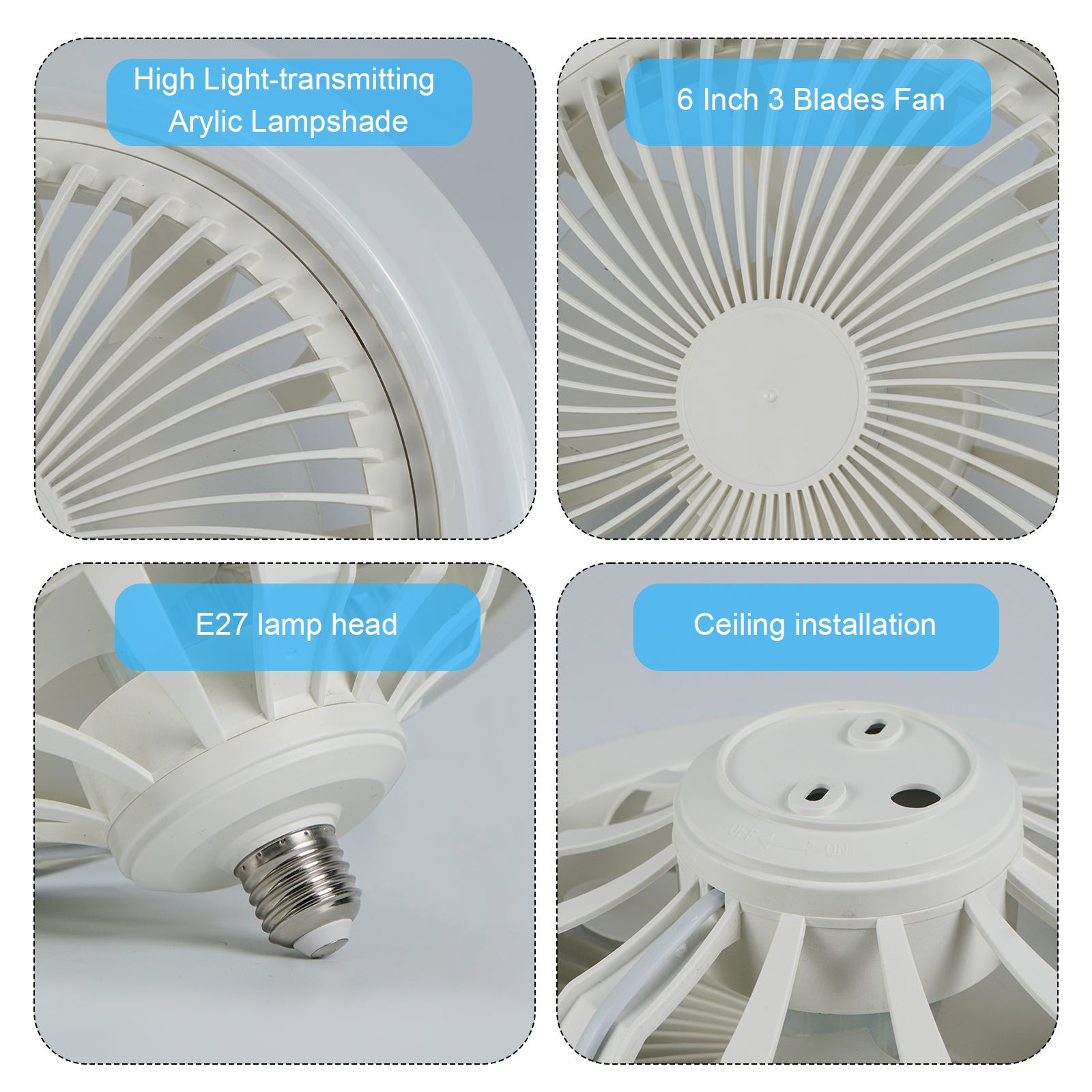 Ventilateur de plafond avec éclairage double usage douille E27, 3 vitesses réglables, petit ventilateur plafonnier pour chambre d’enfant et chambre - 5