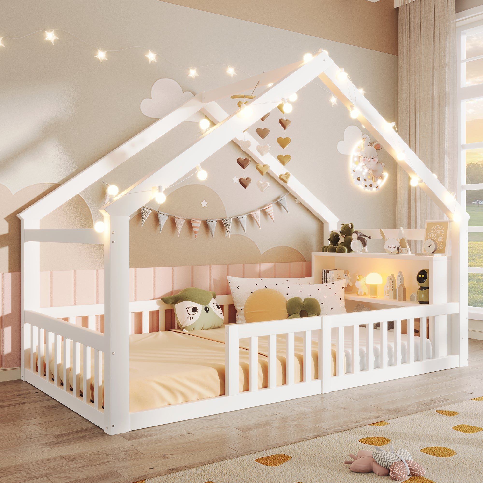 Lit cabane enfant Lit simple 90x200 cm avec barreaux de sécurité, design maison et étagère intégrée - Structure en pin - blanc - 4