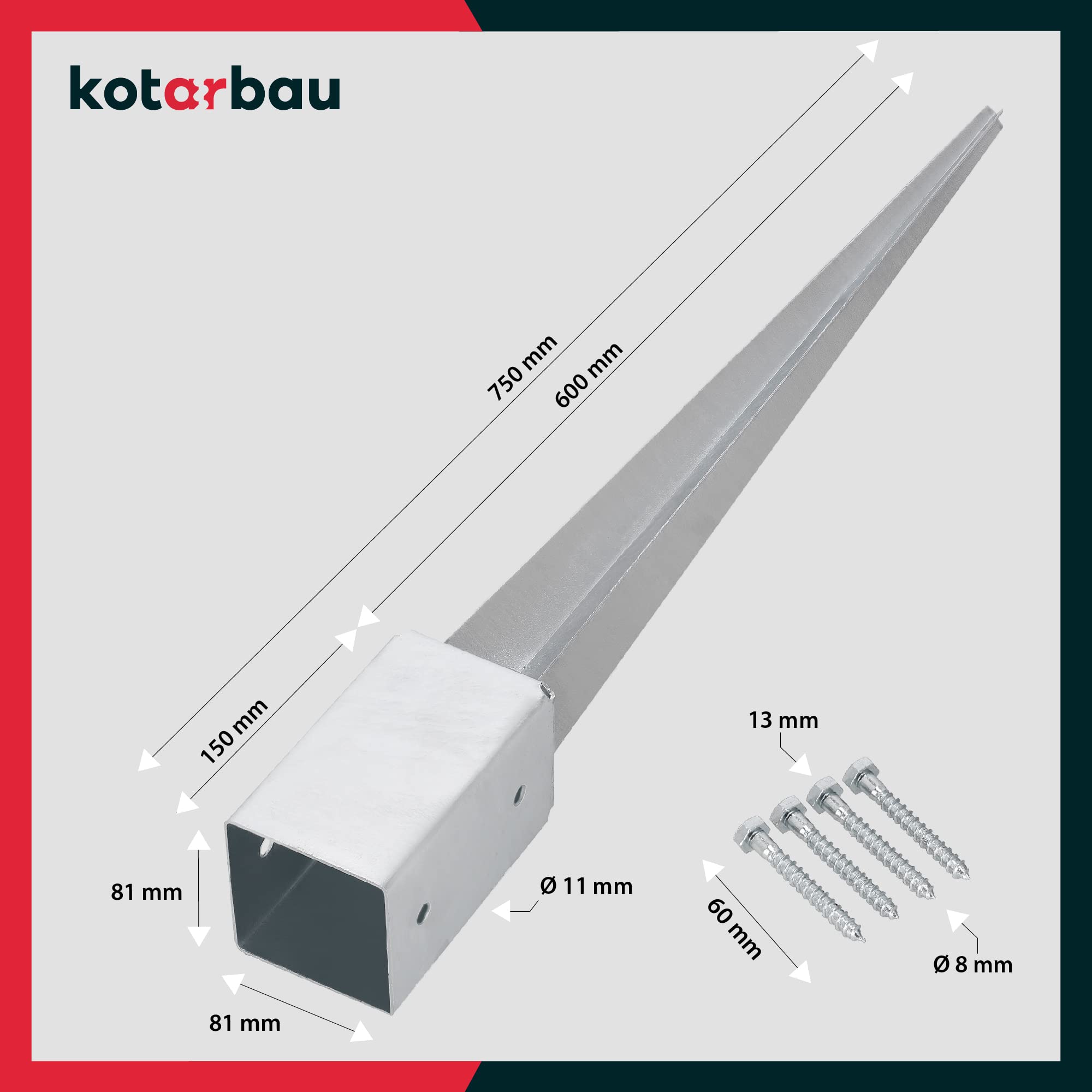 Soporte poste de hincar 81 x 81 mm longitud 750 mm - pie de poste galvanizado en caliente - KOTARBAU - 3