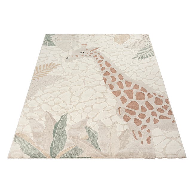 Tapis Chambre Enfant 140x200 Cm - Motif Lion Zebra Cactus - Très Résistant Bleu Crème Gris