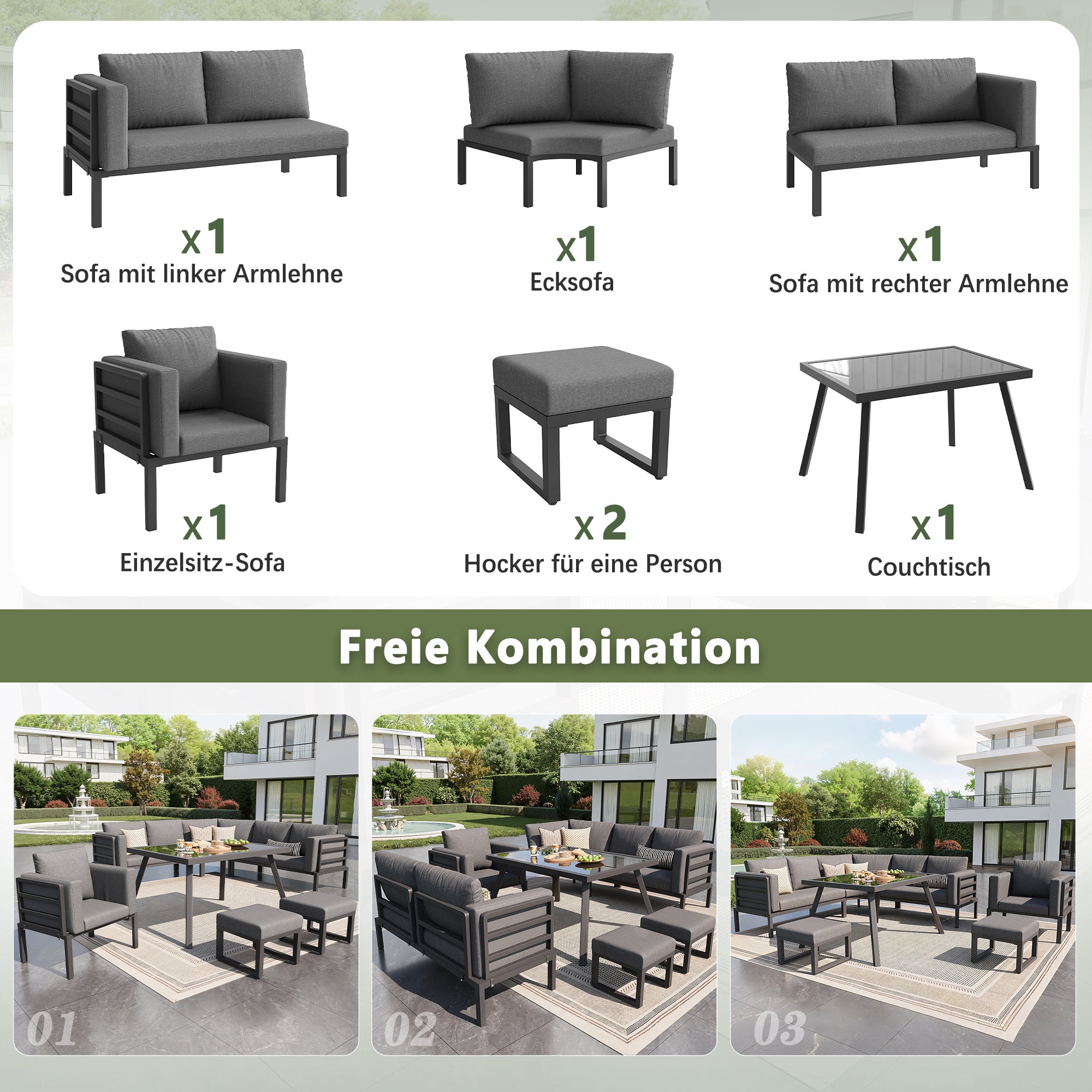 Conjunto Jardín Exterior en Forma de Media Luna para 8 Plazas / Estructura robusta de Hierro+Cojines / Mesa de Cristal+ 1 Sillón+ 2 Taburetes - Gris - 9