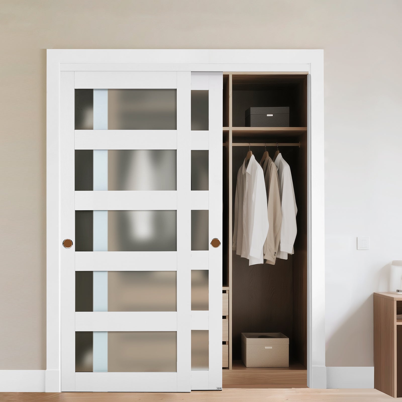 Drzwi przesuwne do szafy VEVOR 152×203 cm, drewno MDF, matowe szkło, białe, zestaw 2 szt.