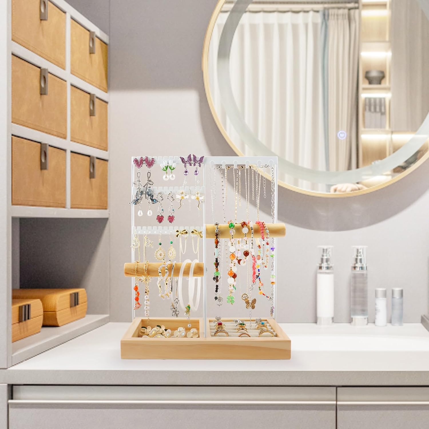 Présentoir à Bijoux, Présentoir à bijoux porte-chaîne avec Base en Bois, Porte Collier Boucles d’Oreille, Organisateur de Bijoux pour bagues - 3