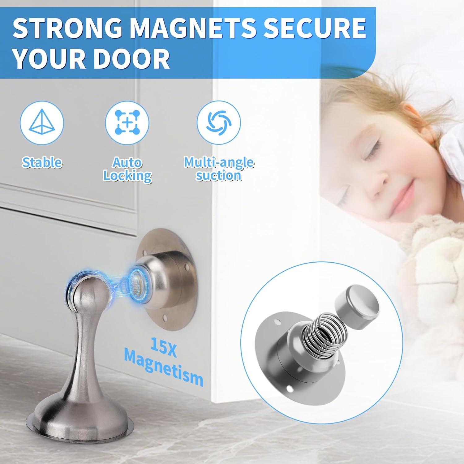 Lot de 2 Bloc Porte Magnétiques, Bloque Porte Interieur Sans Percer, Arrêt Butee de Porte Stop Porte en Acier Inoxydable, Butoir Porte Mural Door Stop - 2