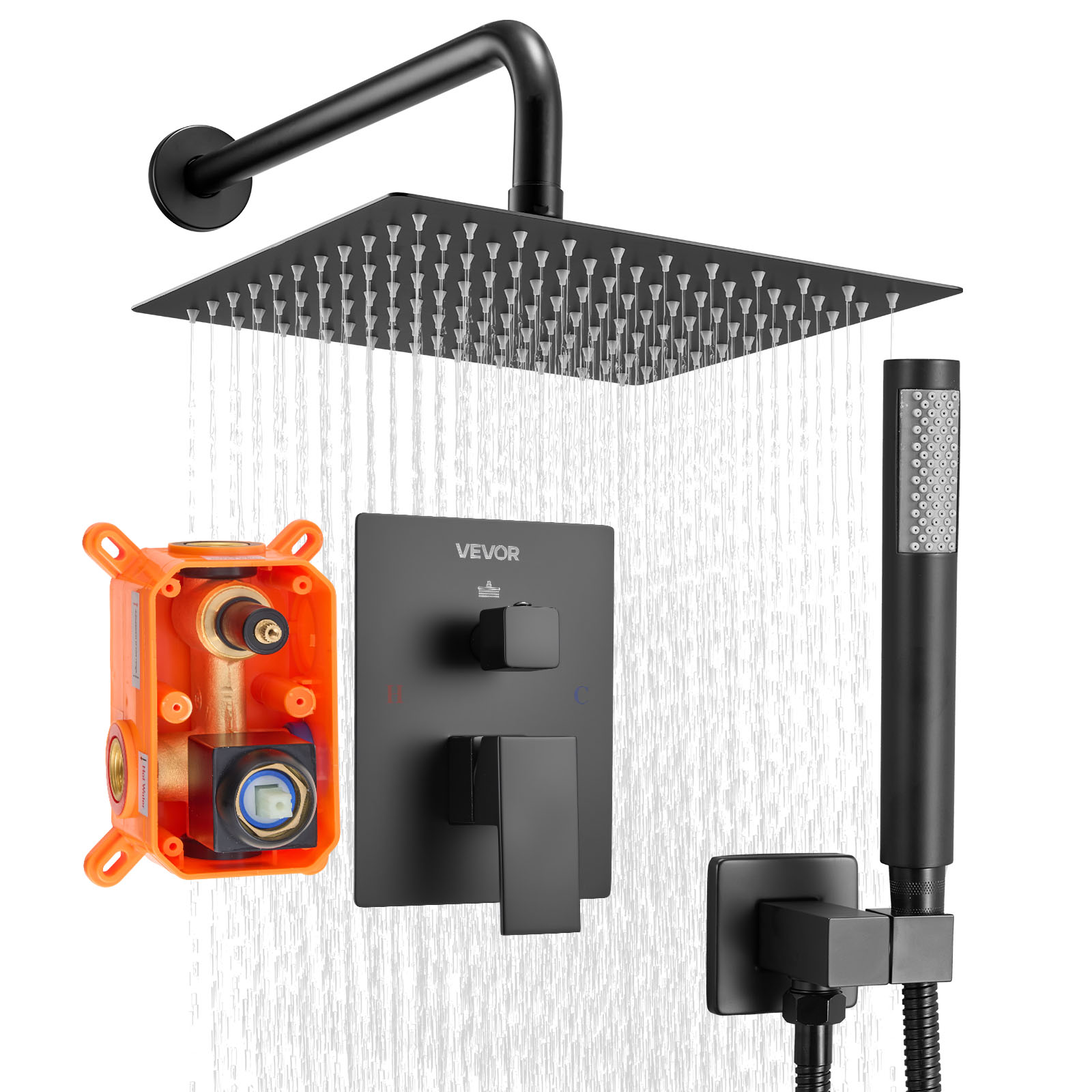 Bateria prysznicowa VEVOR z deszczownicą 254 mm, matowa, czarna, kwadratowa