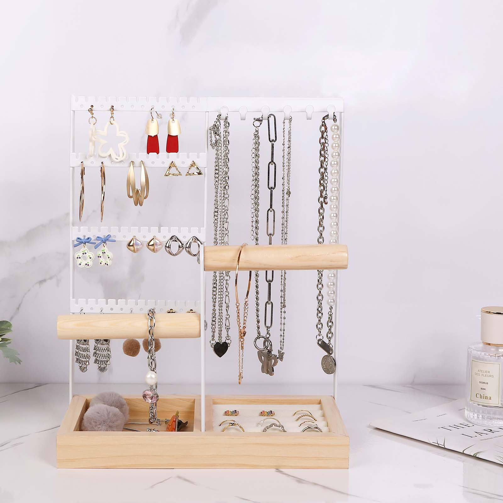 Présentoir à bijoux porte-chaîne en Metal et Bois Durable,4 niveaux, avec Plateau et Crochets,rangement pour bagues, boucles d'oreilles,bracelets - 6