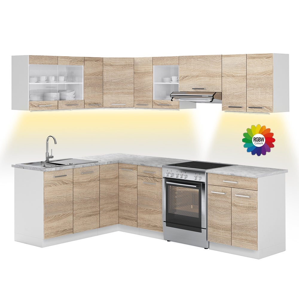 Vicco Kuchnia narożna Rick, Biały/Sonoma, 247 x 60 cm , BP Marmur z taśmą LED