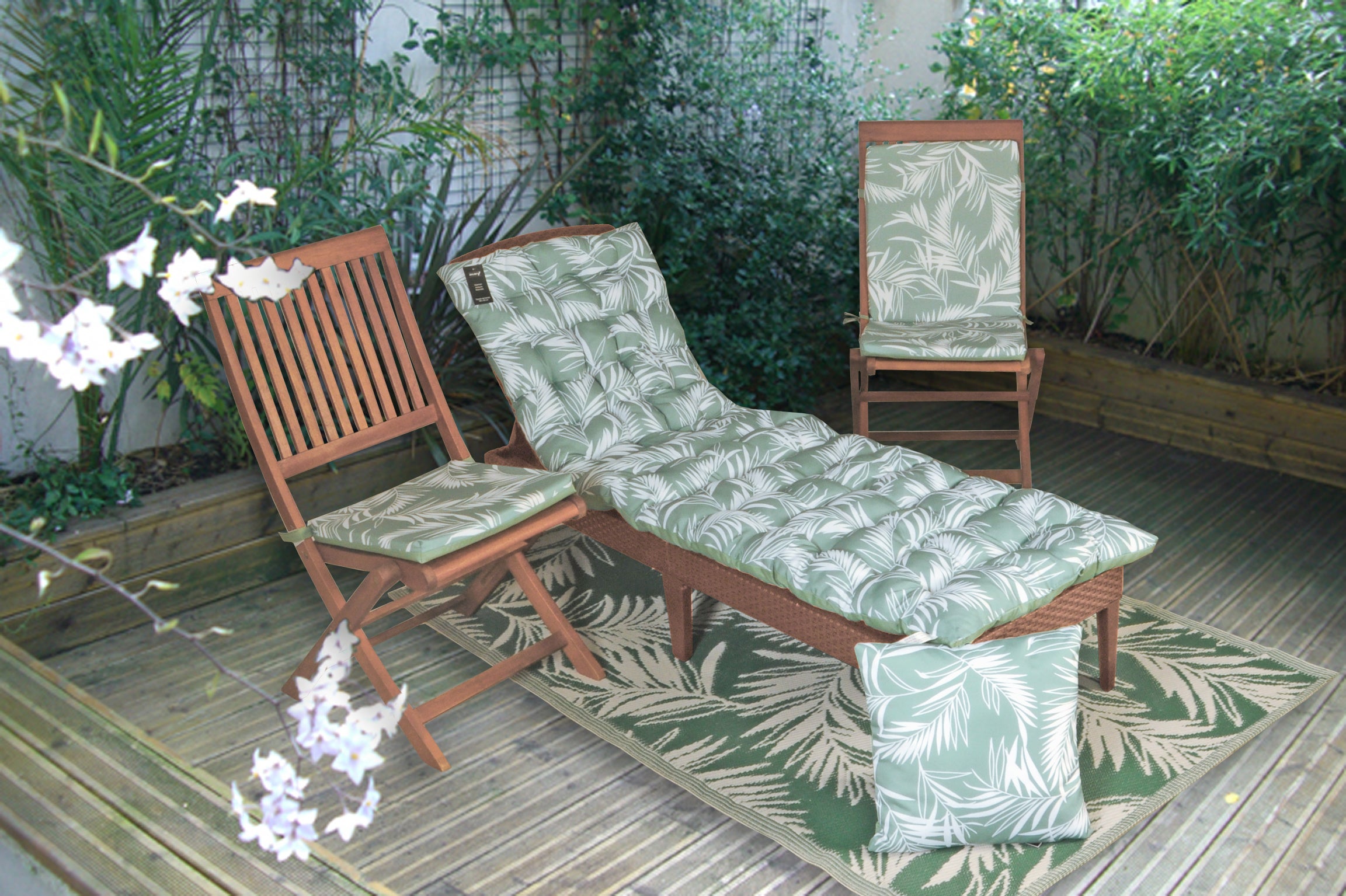 Coussin matelassé bain de soleil, transat, en Tissu déperlant 190x60cm bicolore Imprimé Vert et Uni Vert, DYLREV - 5