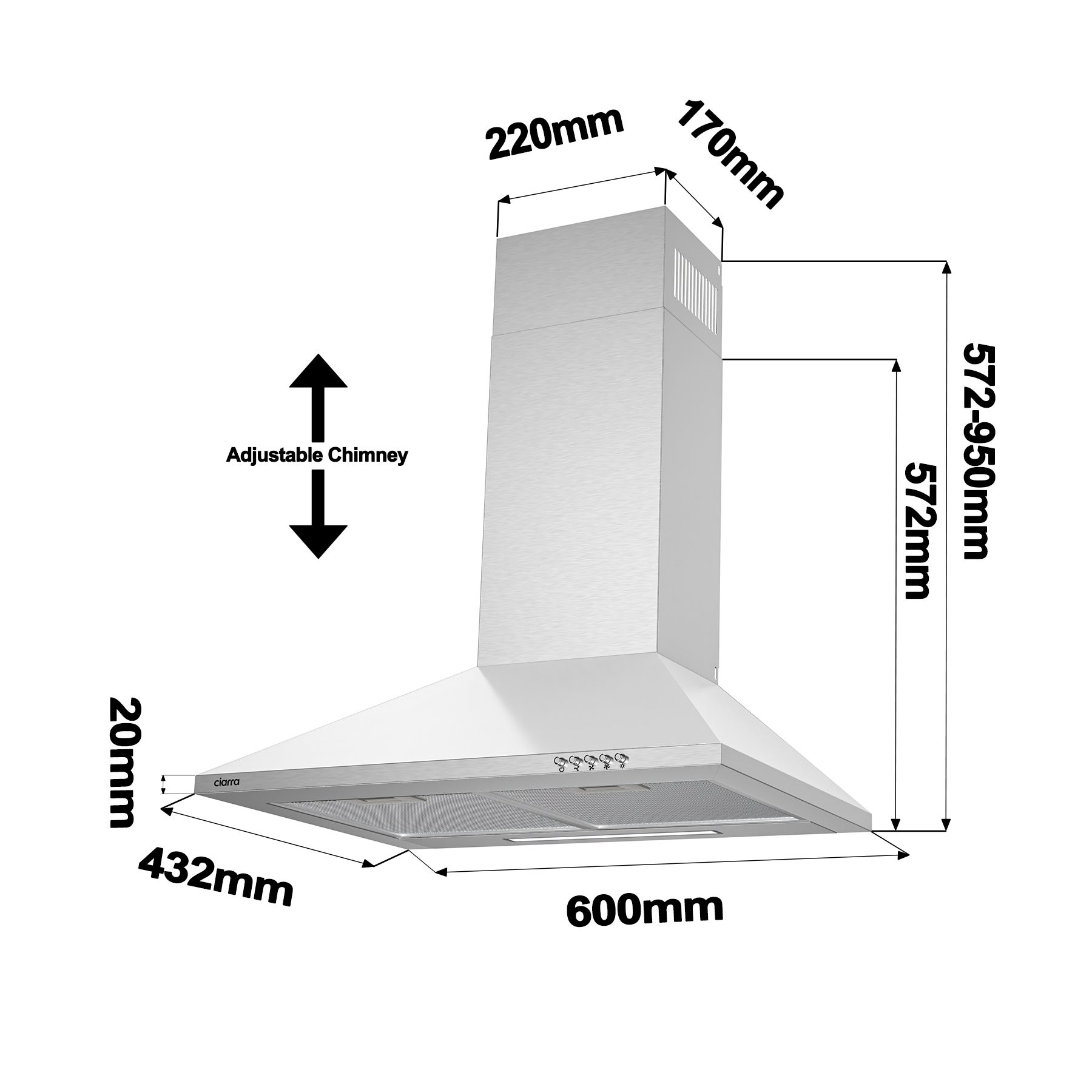 CIARRA Hotte Murale 60cm 370m3/h Classe A++ Recyclage Ou Evacuation 3 Vitesses Inox 201SS60 - 9