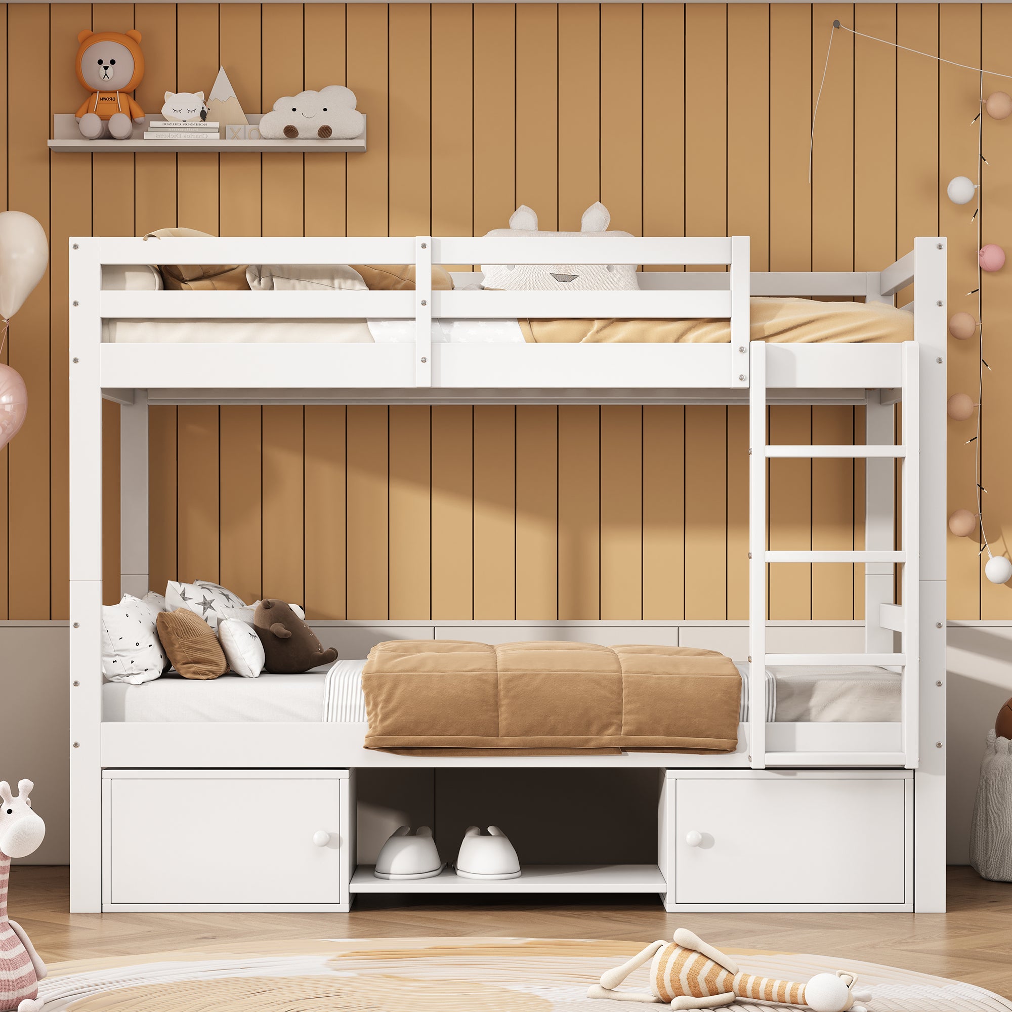 Lit Superposé Enfant Blanc Avec Tiroirs Et Armoire - Lit Haut 90x200cm, Bas 140x200cm, Cadre Bois Et Métal, échelle Intégrée, Sans Matelas