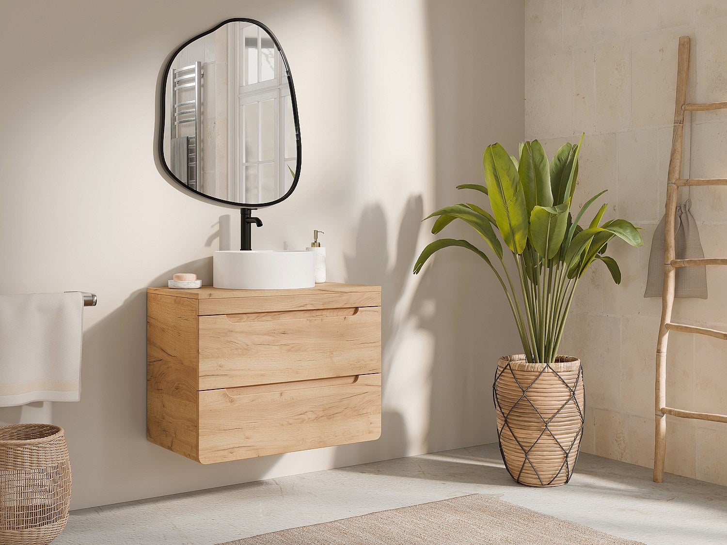 Szafka łazienkowa wisząca z okrągłą umywalką nablatową - Naturalny - 80 cm - ARUBA