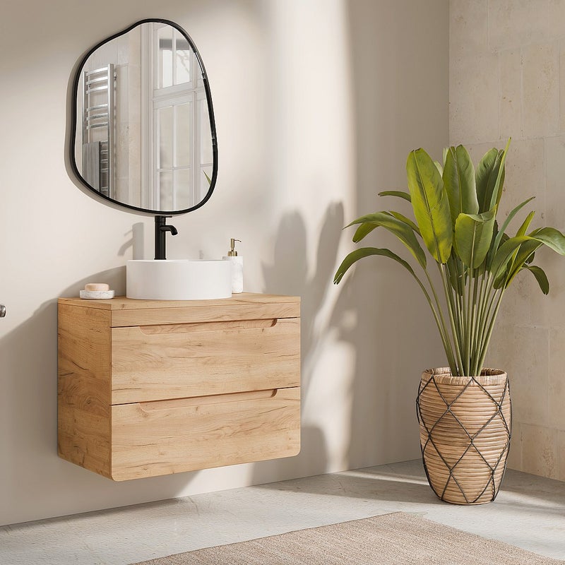 Szafka łazienkowa wisząca z okrągłą umywalką nablatową - Naturalny - 80 cm - ARUBA