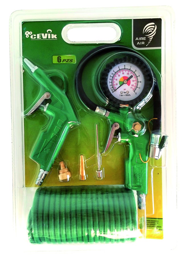 CEVIK CA-CK220 - Kit aerográfico para compresor. 6 piezas: pistola de soplar. hinchador. espiral 5 m y 3 boquillas
