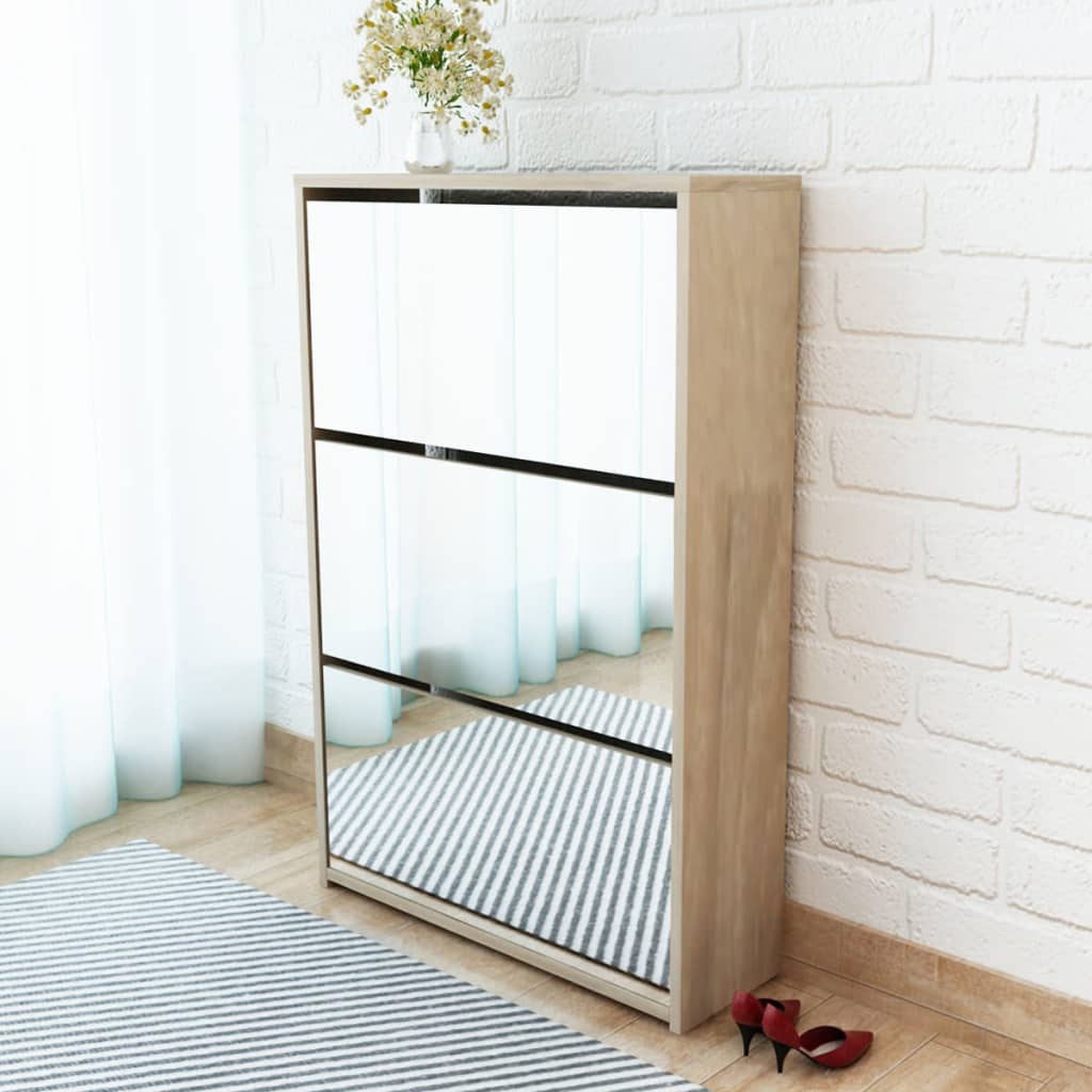 Meuble à Chaussures 4 étagères Avec Miroir, 63x17x134 Cm, Couleur Chêne, Neuf En Paquet
