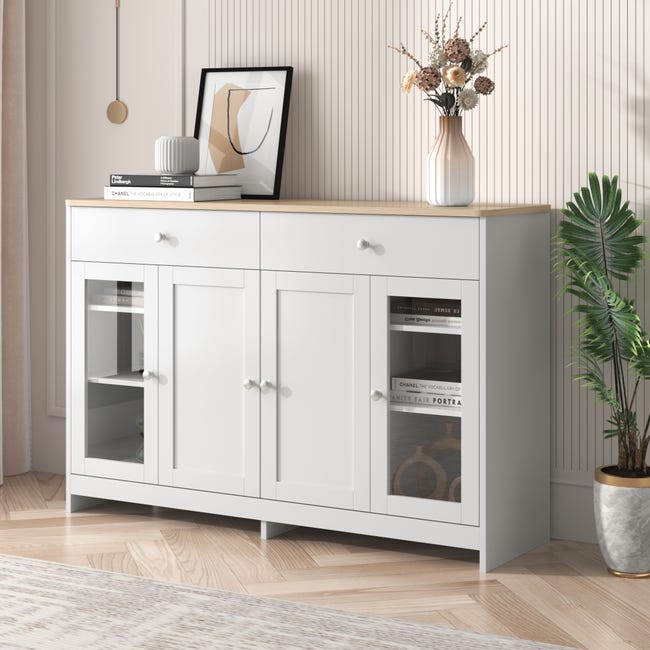 Credenza Bassa Cucina/soggiorno Bianca - 140 X 40 X 105 Cm, In Legno E Metallo, Stile Vintage E Funzionale
