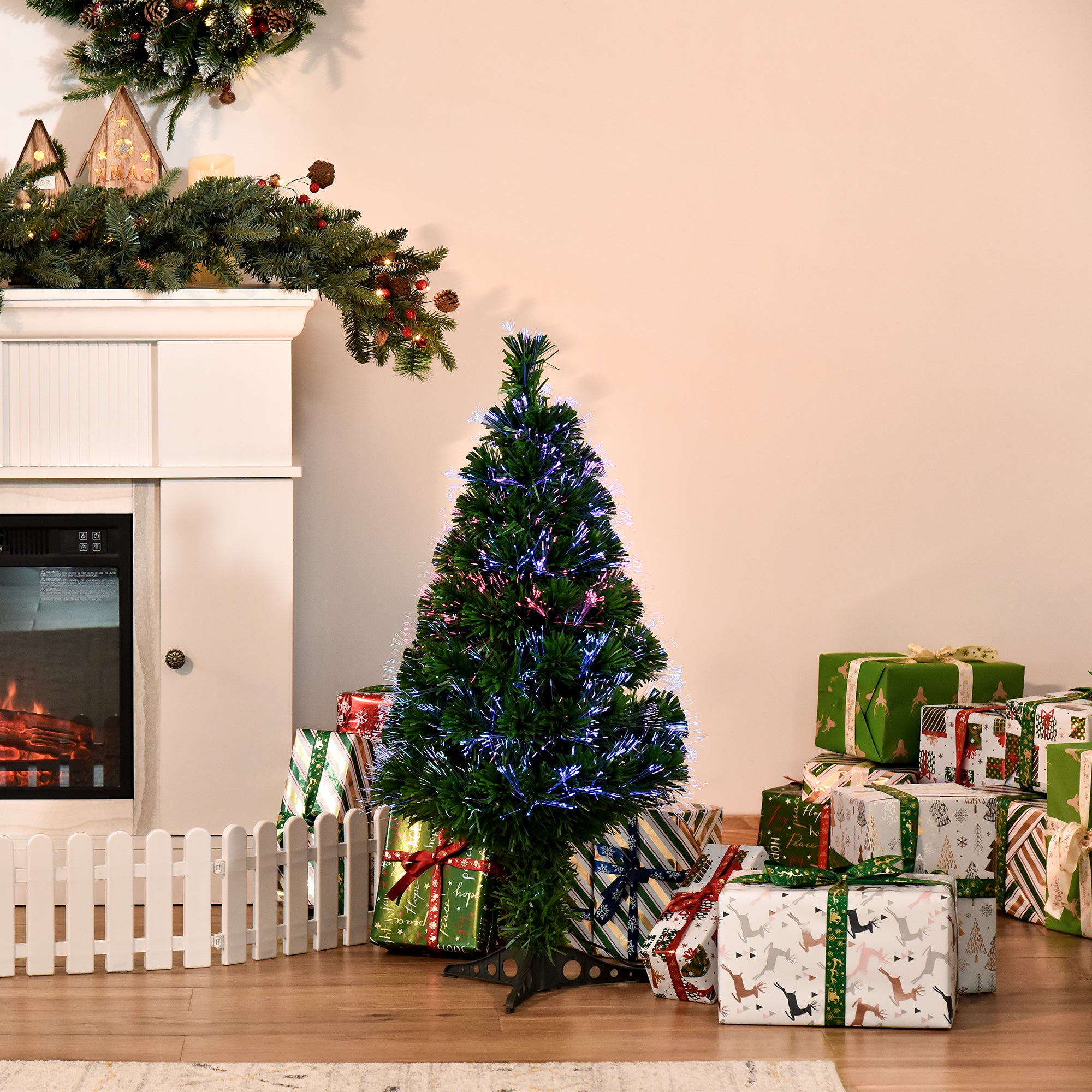 Albero Di Natale A Fibre Ottiche HOMCOM 90 Cm - Con 12 Luci LED A 3 Colori, Rami In PVC, Telaio In Ferro, Trasformatore Incluso