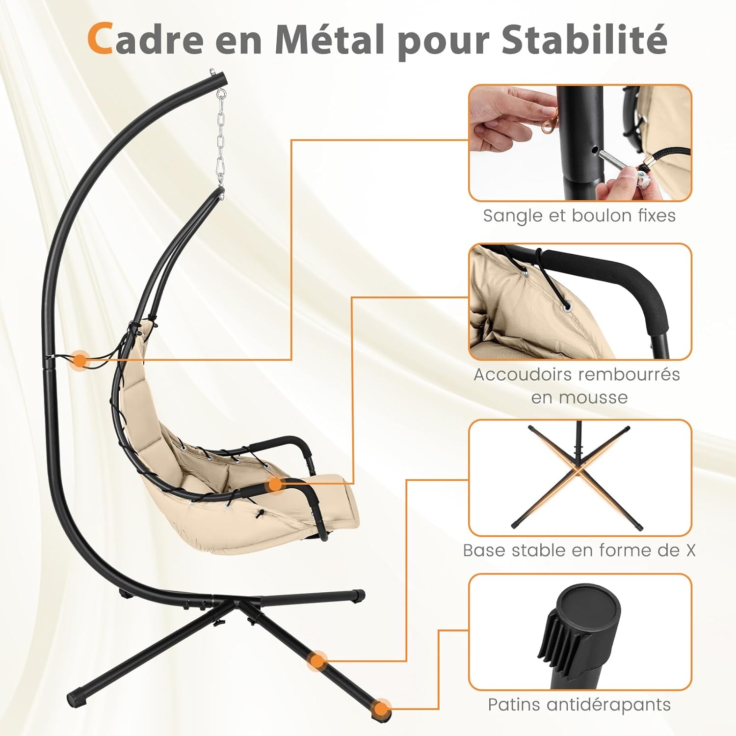 Sedia Sospesa con Supporto in Metallo, Sedia a Dondolo con Sedile Imbottito, Telaio in Metallo Robusto, Sedia a Dondolo per Portico, Giardino, - 8