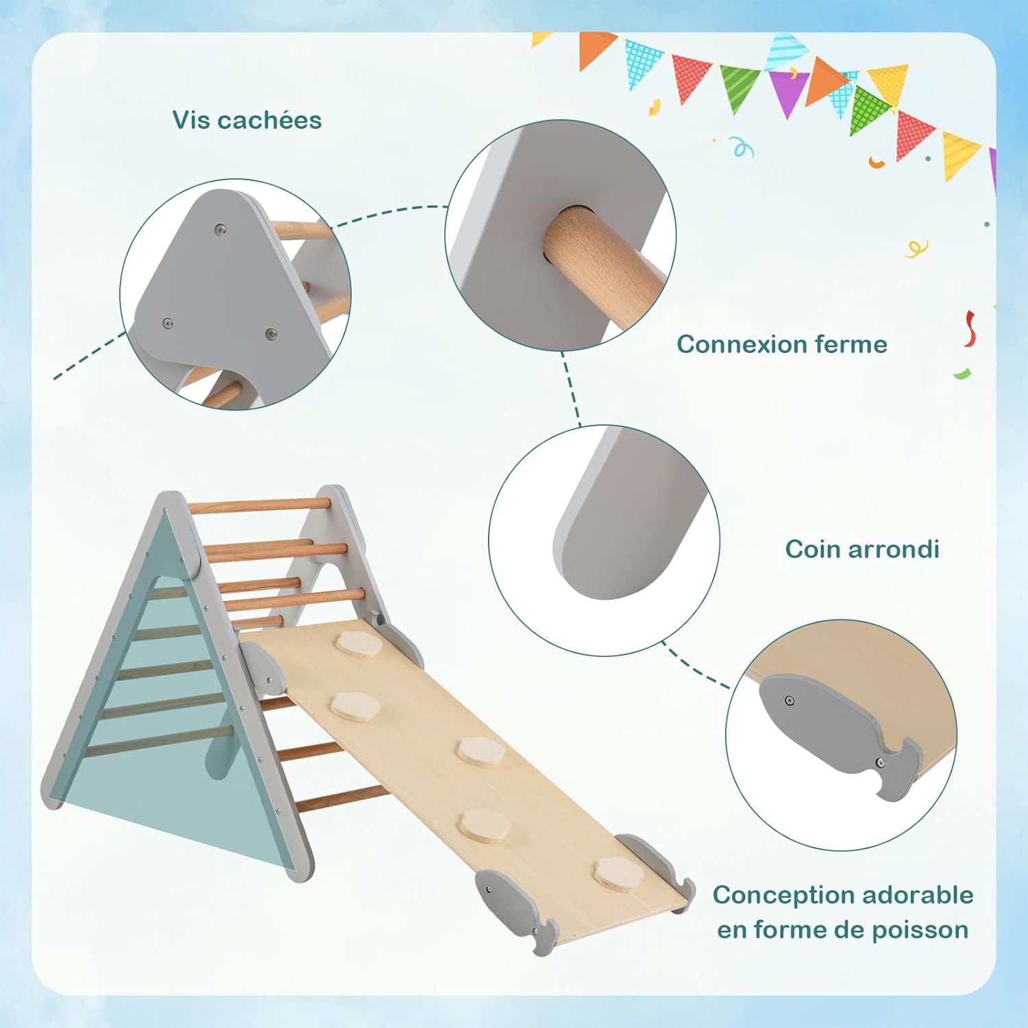 3 in 1 Arrampicata Giocattolo a Triangolo per Bambini, Set di Arrampicata con Rampa di Scivolo a 2 Lati e Inclinazione Regolabile, Arrampicato - 7