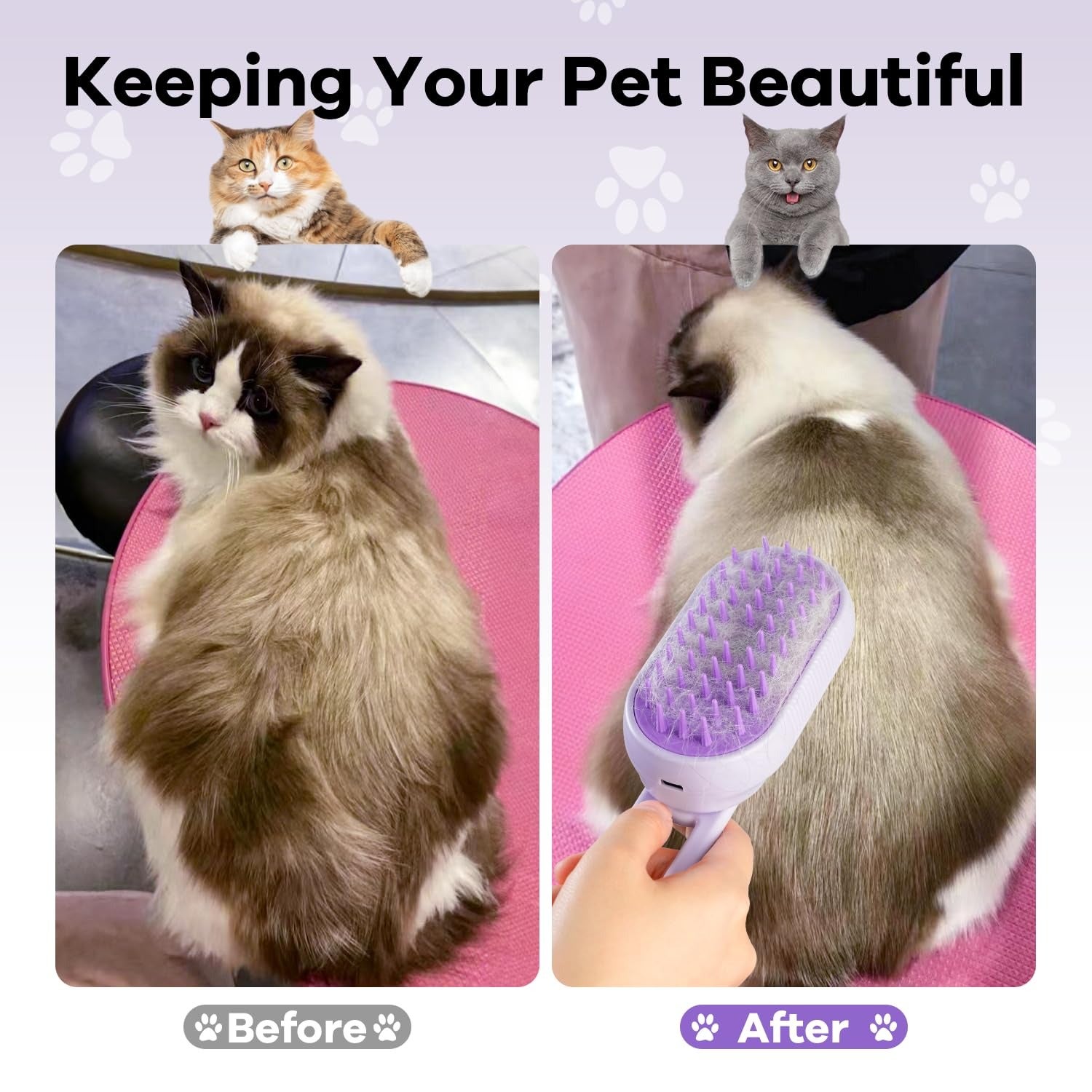 Escova a vapor roxa para pets｜Escova 4-em-1 para gatos e cães, recarregável USB, remove pelos, antistática, massagem e limpeza - 7