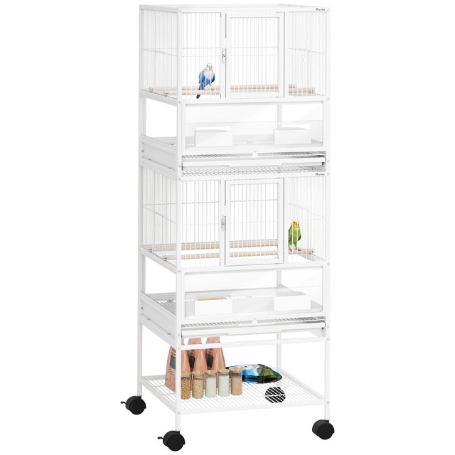 Gaiola Grande 2 Níveis com Rodas para Papagaios e Canários 48x46x134cm Branco
