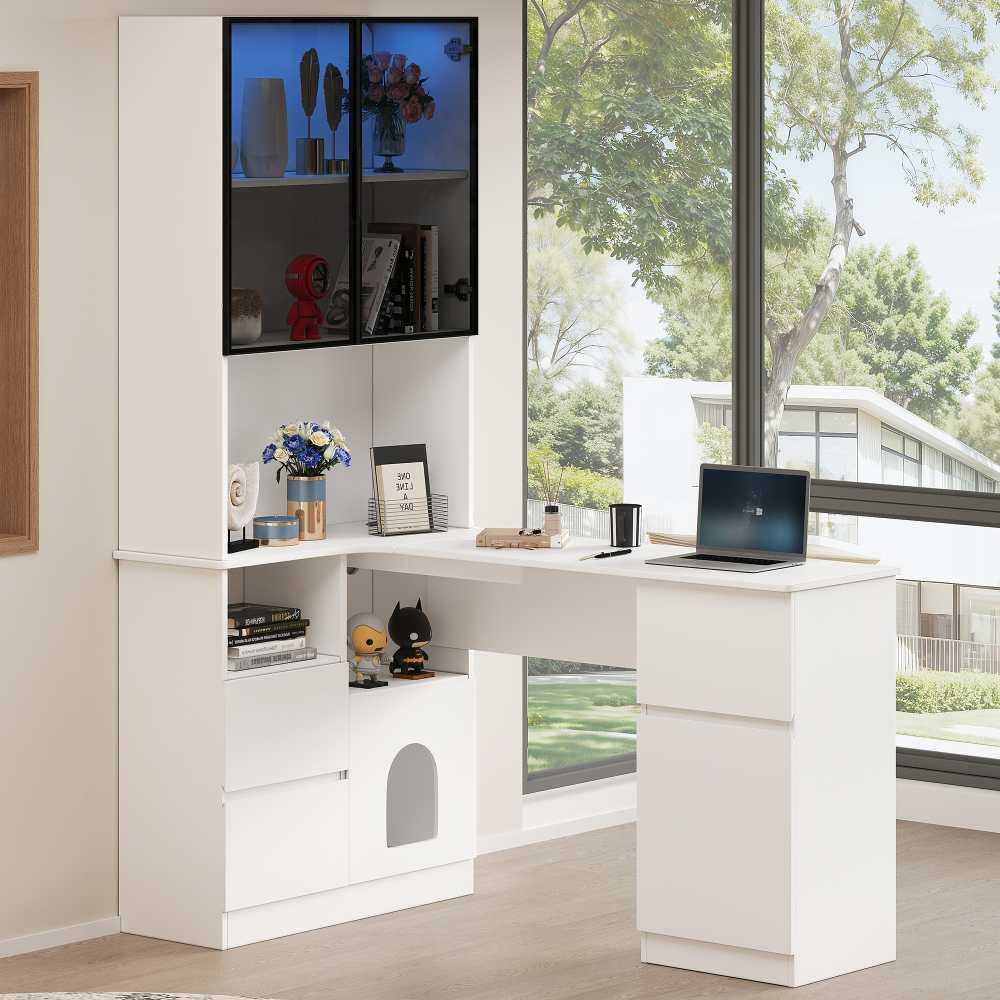 Bureau D'angle Avec étagère Et Vitrine LED 120×80×180 Cm – Un Bureau D'angle Avec Bibliothèque Intégrée | Leroy Merlin