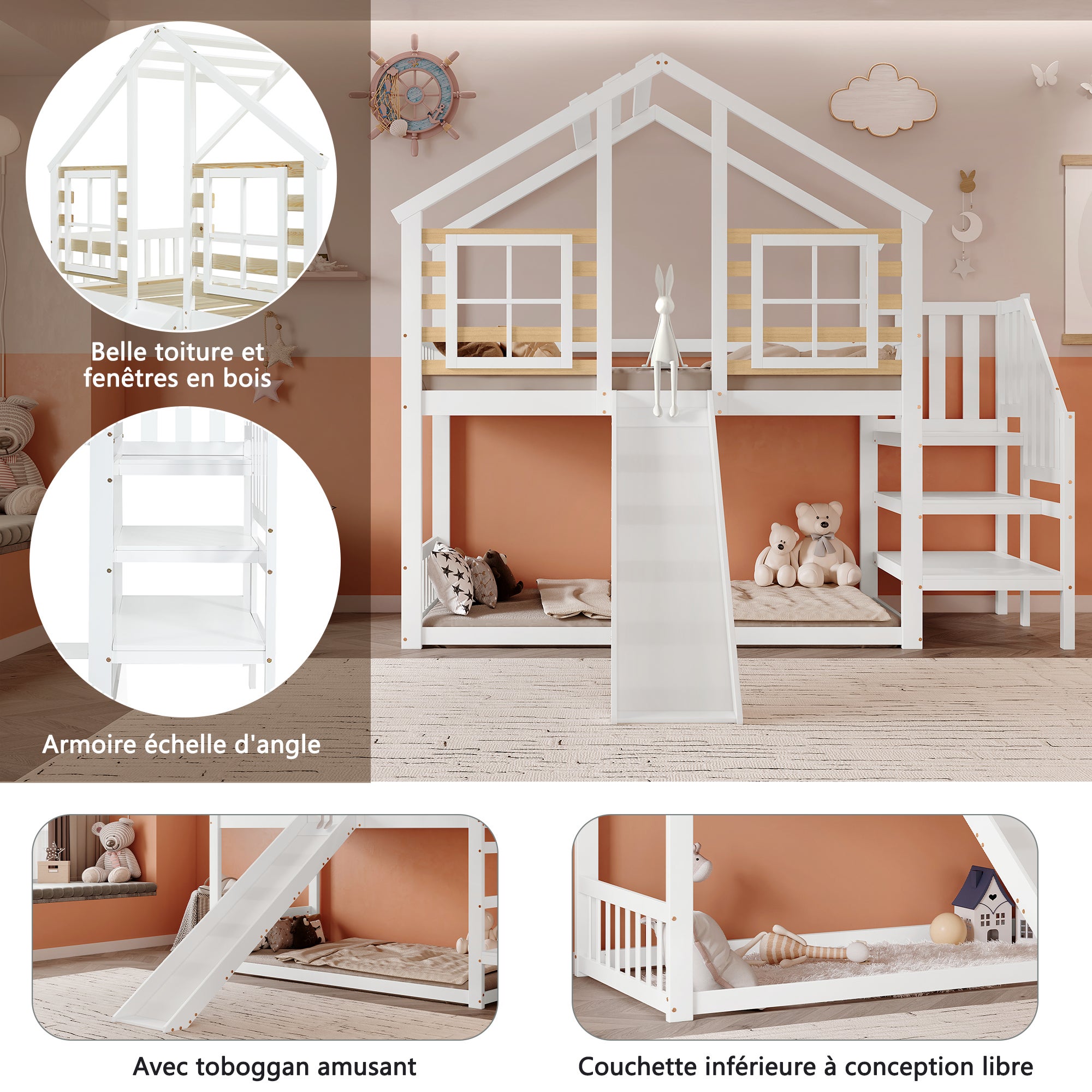 Lit superposés 2 x 90 x 200 cm avec escalier et toboggan - Bois massif et MDF - Blanc (sans matelas) - 8