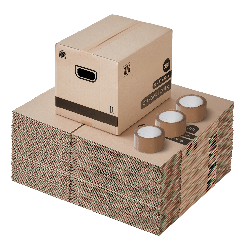 Pack and Move - Lot 50 cartons déménagement stockage livres - 40 x 30 x 30 cm - Poignées renforcées - 3 adhésifs offerts - 2