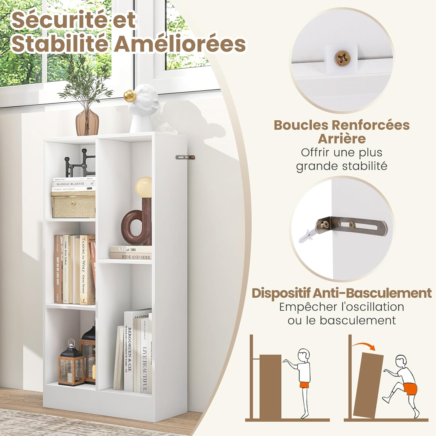 Libreria a 5 Cubi, Organizzatore di Stoccaggio Autoportante a 3 Livelli con 2 Kit Antiribaltamento, Mensola in Legno per Soggiorno Camera da L - 7