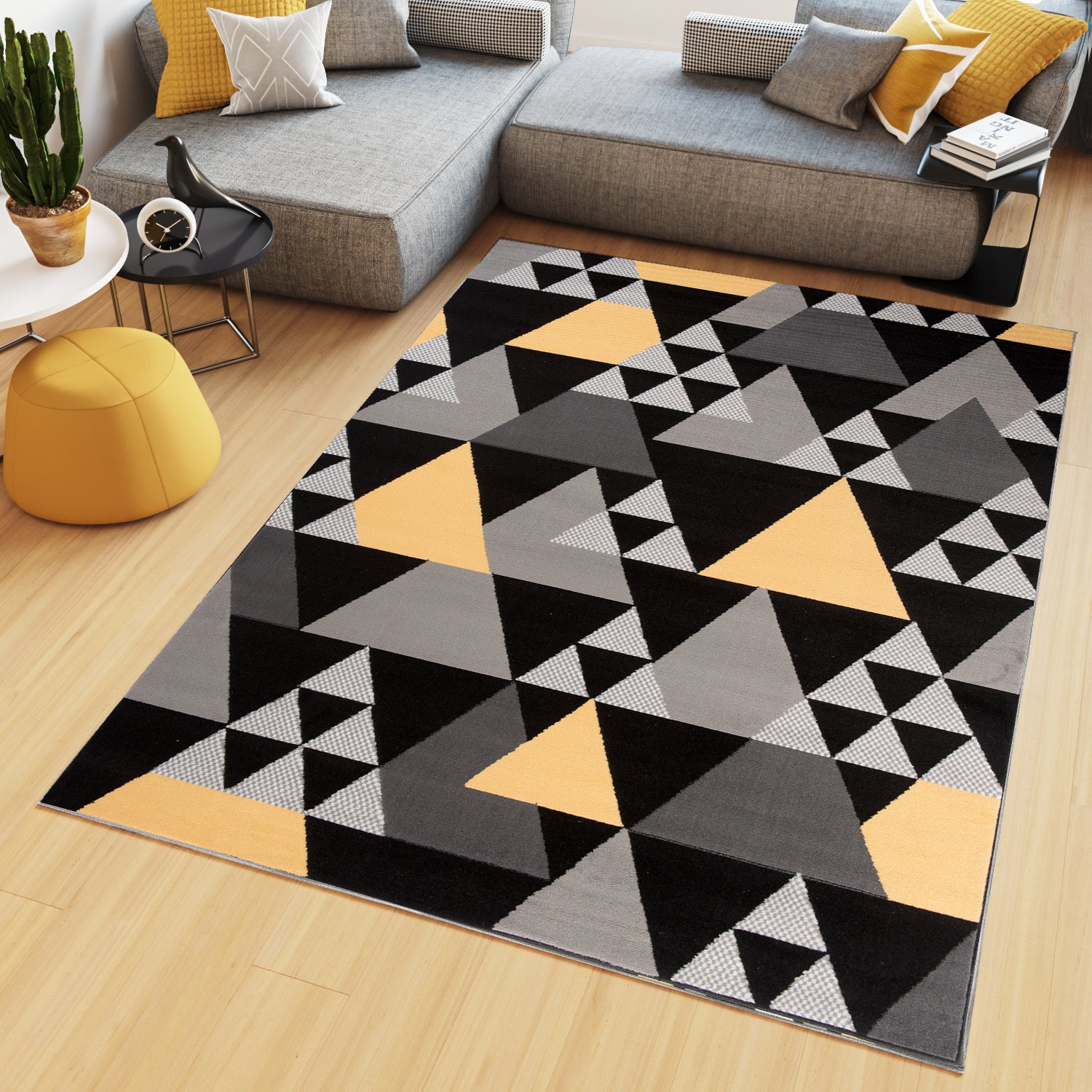 Tapiso maya alfombra de salón sala diseño moderno amarillo negro gris blanco geométrico triángulos mosaico 250 x 350 cm