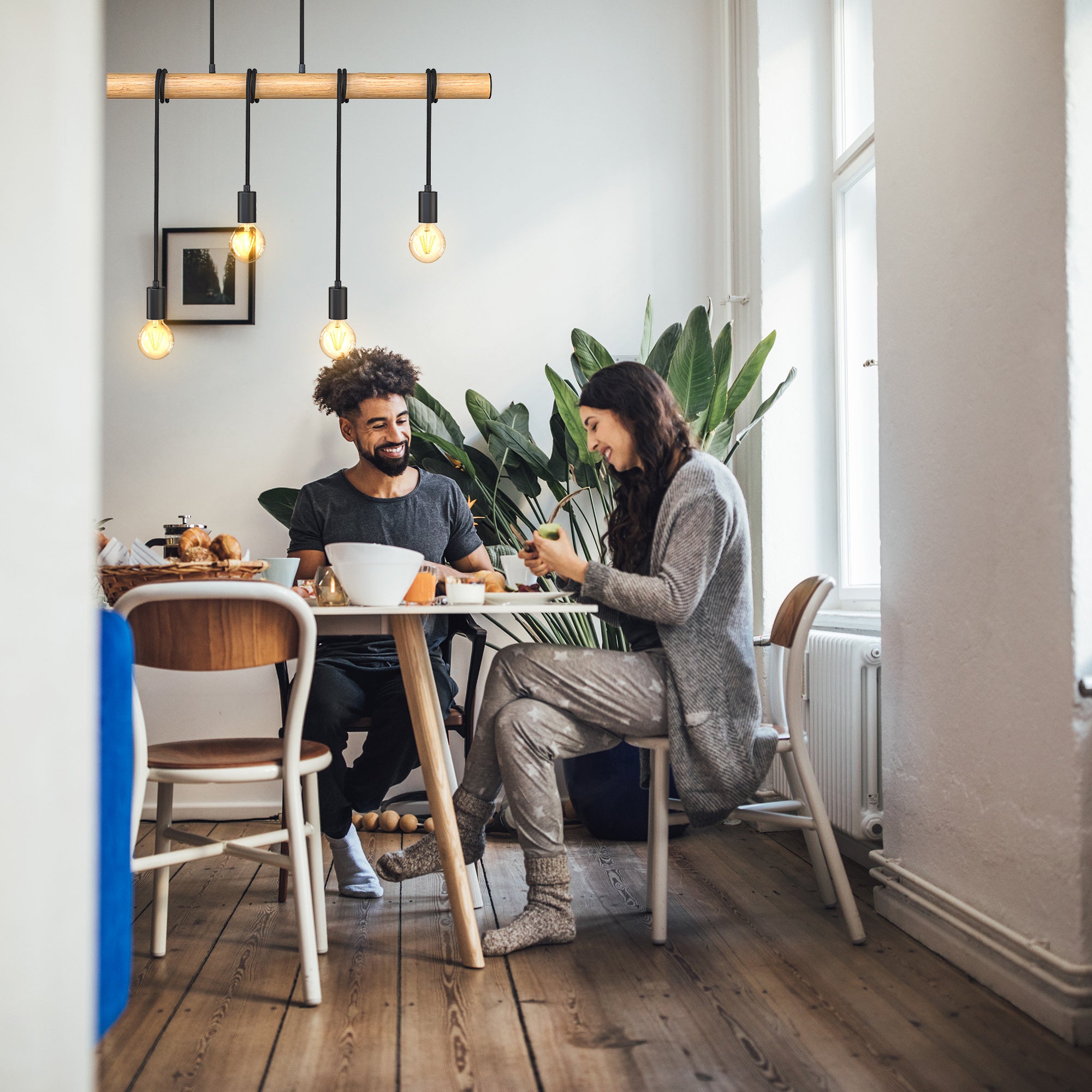 Suspensions - 5 lumières en bois et métal - 5x E27 sans ampoules - Câble textile - IP20 - B.K.Licht - 6