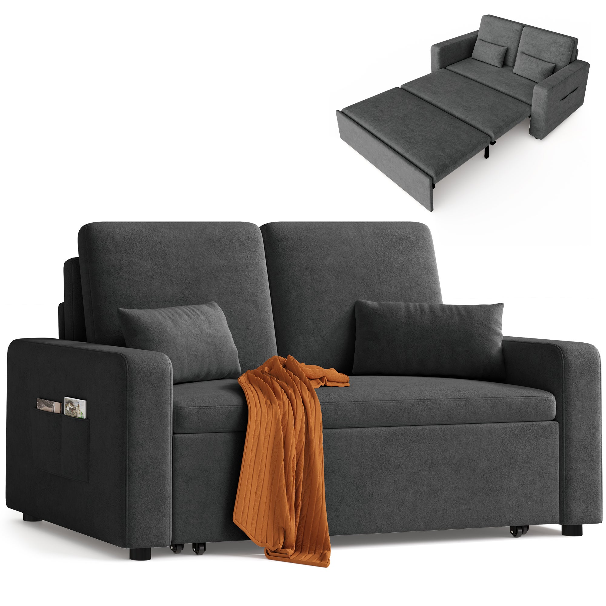 Canapé-lit 2 places scandinave convertible 3 positions,tissu chenille gris foncé,structure métallique stable,pour salon et petit espace - 2