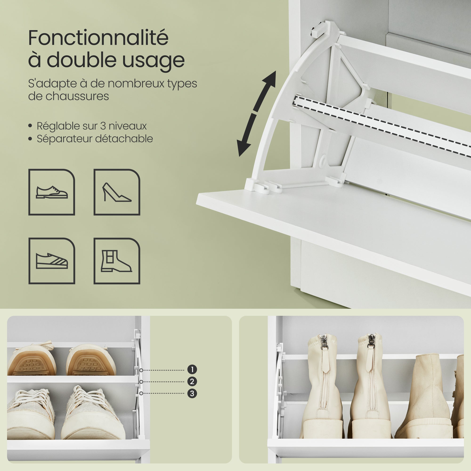 Meuble à Chaussures à 3 Abattants, avec Compartiment Ouvert et Séparateur Ajustable, pour 14 à 18 Paires, Entrée, 24,1 x 60,1 x 139,1 cm, Blanc - 6