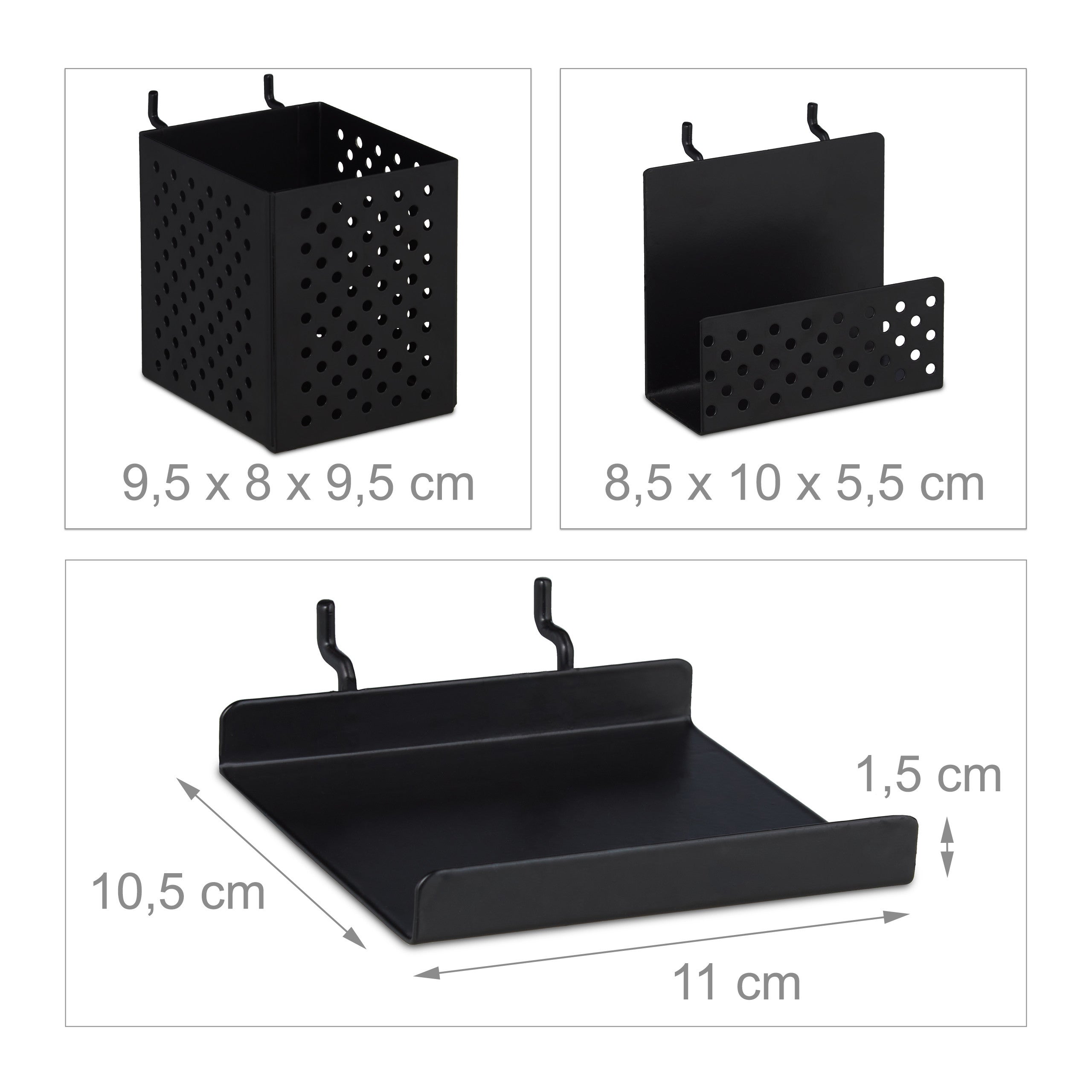 Parede de ferramentas, painel metálico 45 x 45 cm, conjunto de 9 peças para organização, preto, Relaxdays - 5