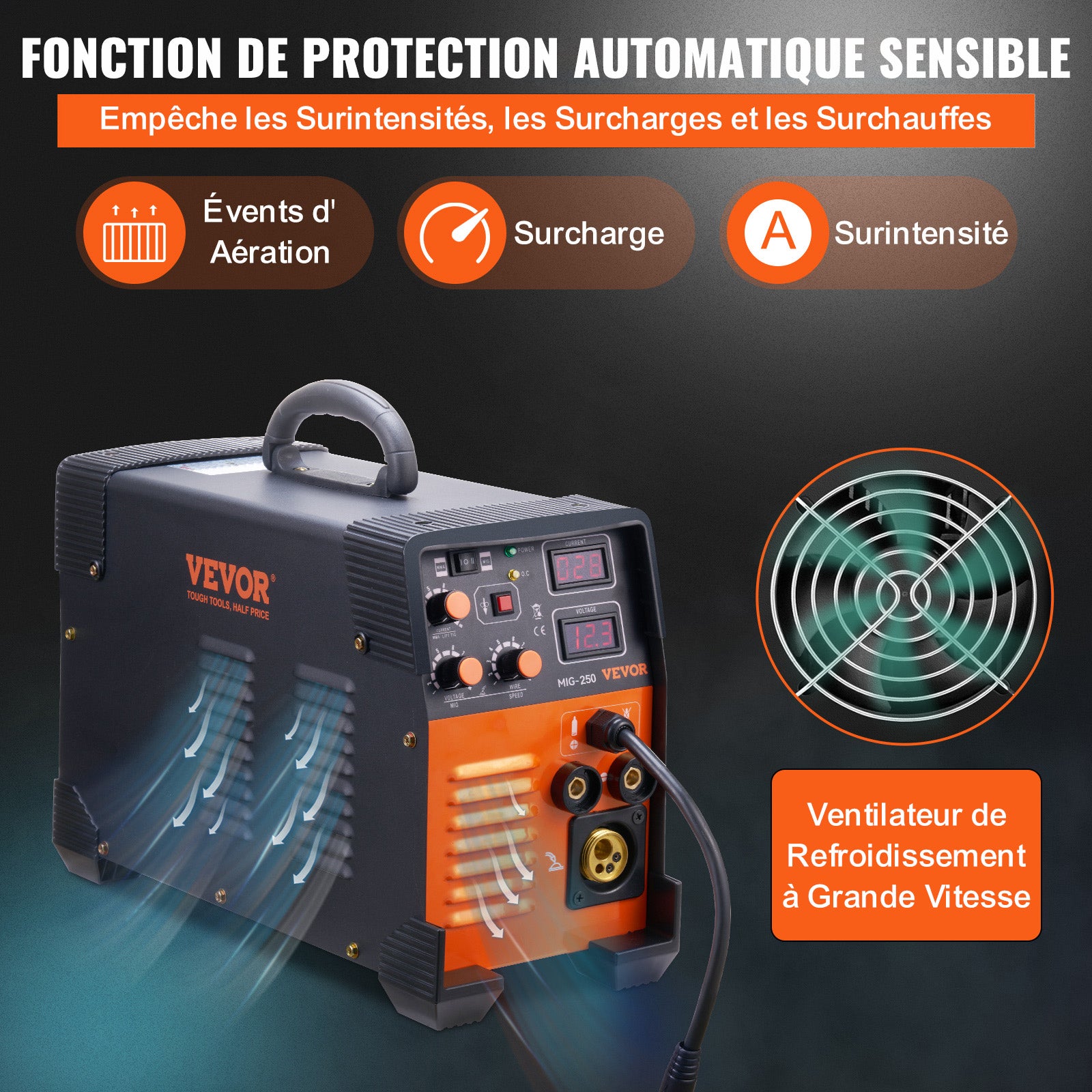 Poste à Souder MIG- VEVOR 250 Poste à Souder MIG MMA TIG 250 A Poste de Soudage Portable Soudeuse Inverseur à Fil Fourré Machine à Souder 3 en 1 - 6