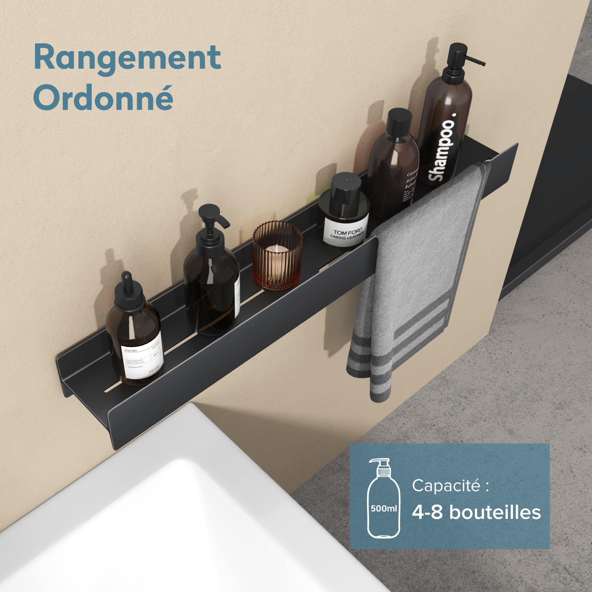 doporro Serviteur de Douche Mural Amovible avec Porte-Serviettes Étagère Douche Noir Mat Organisateur de Toilettes pour Salle de Bain Reglo-03 - 5