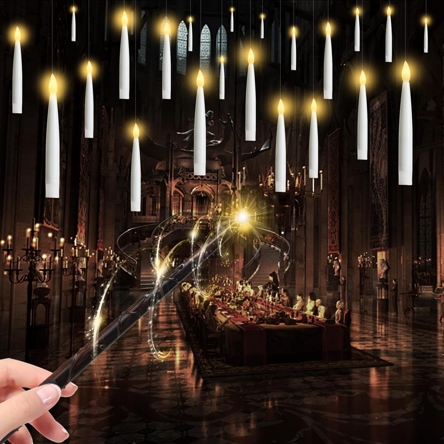 12 Pezzi Candele LED Senza Fiamma con Telecomando a Bacchetta Magica, Floating Candles da Appendere Fiamma Oscillante Candele Galleggianti con Bacchetta per Decorazione Halloween Natale (Candele-B