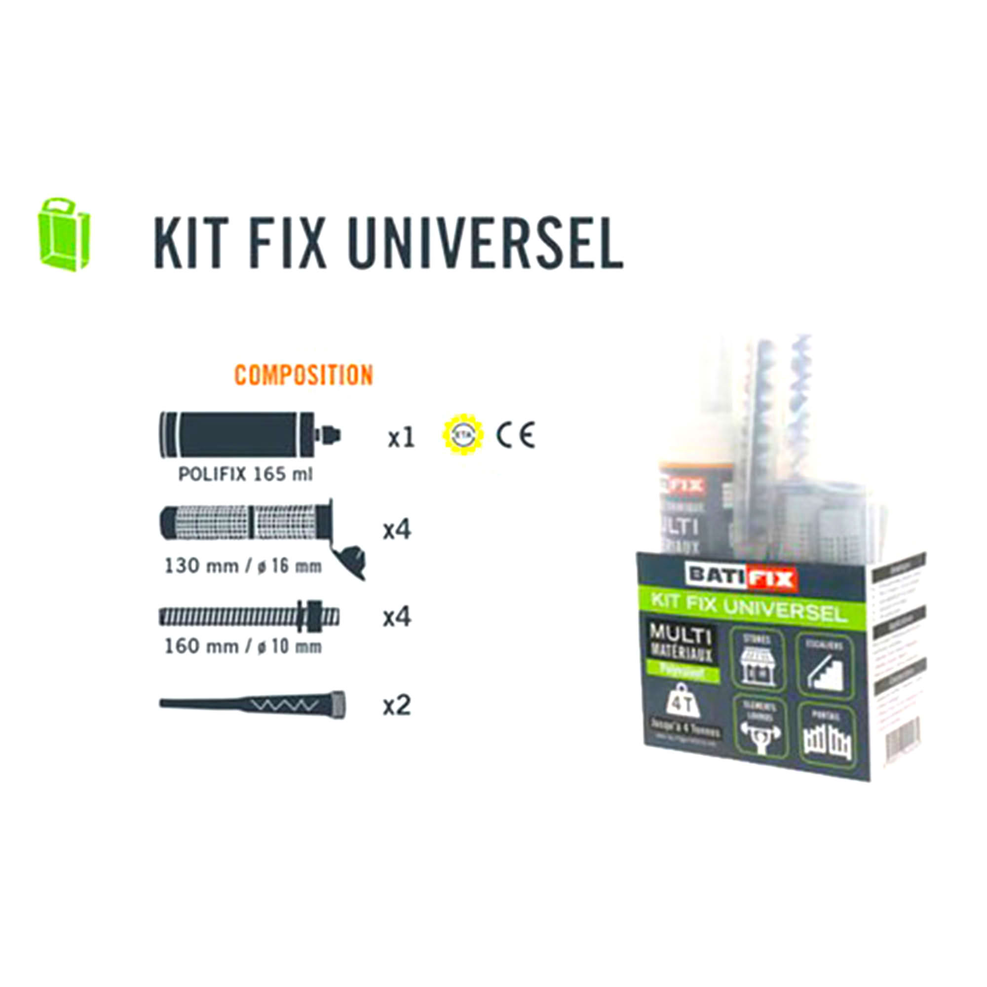 Kit scellement chimique Universel 165ML - 4 Tamis 15X130 - 4 tiges filetées 10X160 - 4 Ecrous - 4 Rondelles - 2 canules - 3