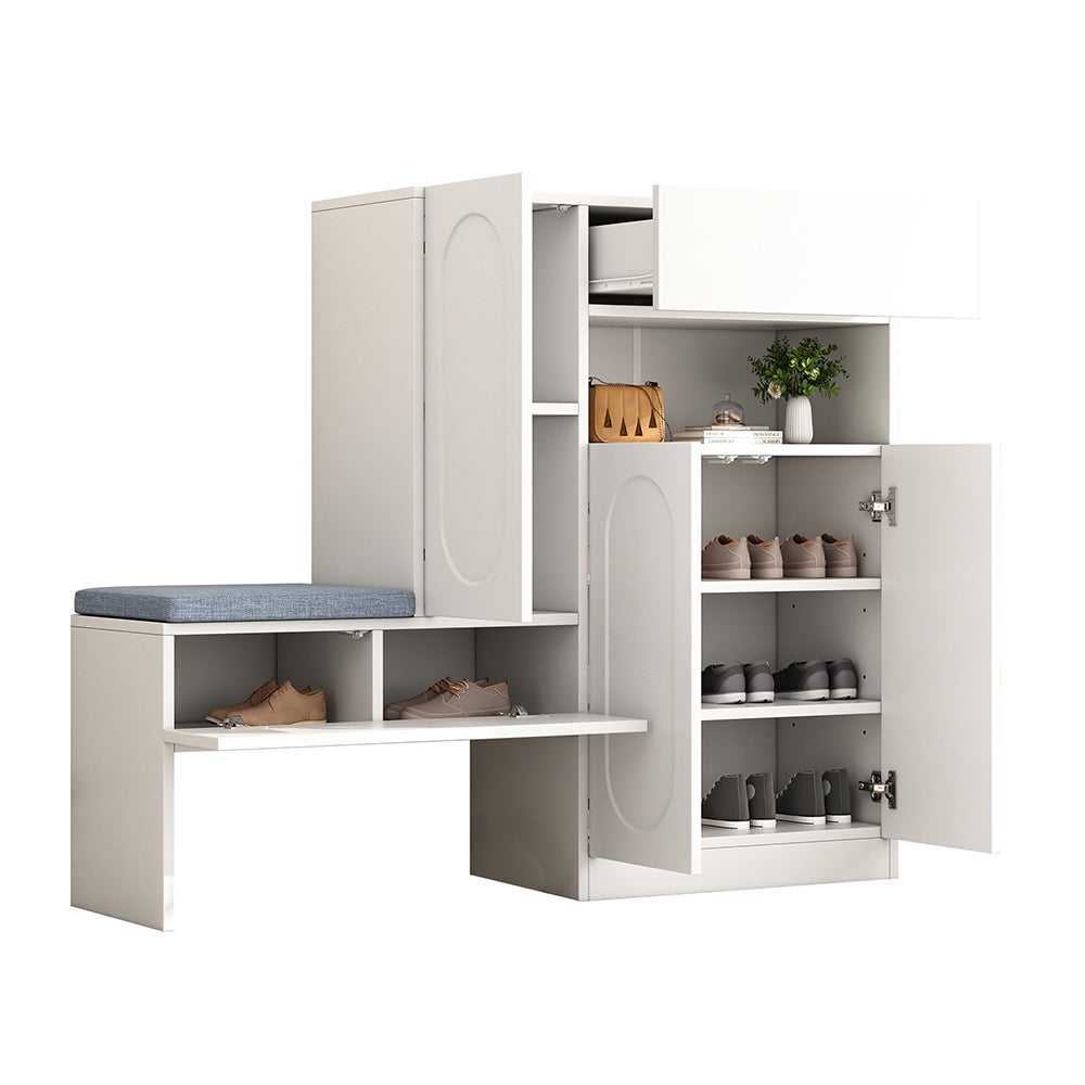 Armoire à chaussures 2-en-1 blanche, portes Soft Close, banc rembourré, 130x35x110cm - 5