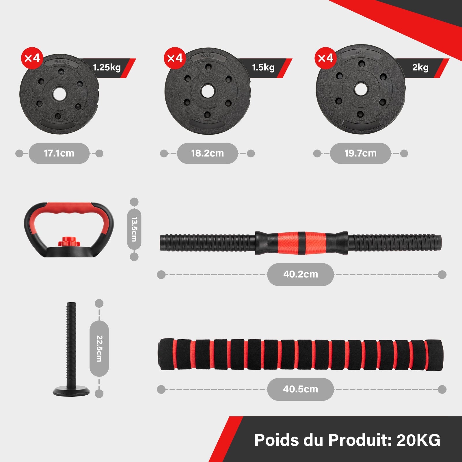 TEENO Ensemble d'haltères réglables 5 en 1 de 20 kg, comprenant des kettlebells, des haltères, une barre et un support pour pompes - 5