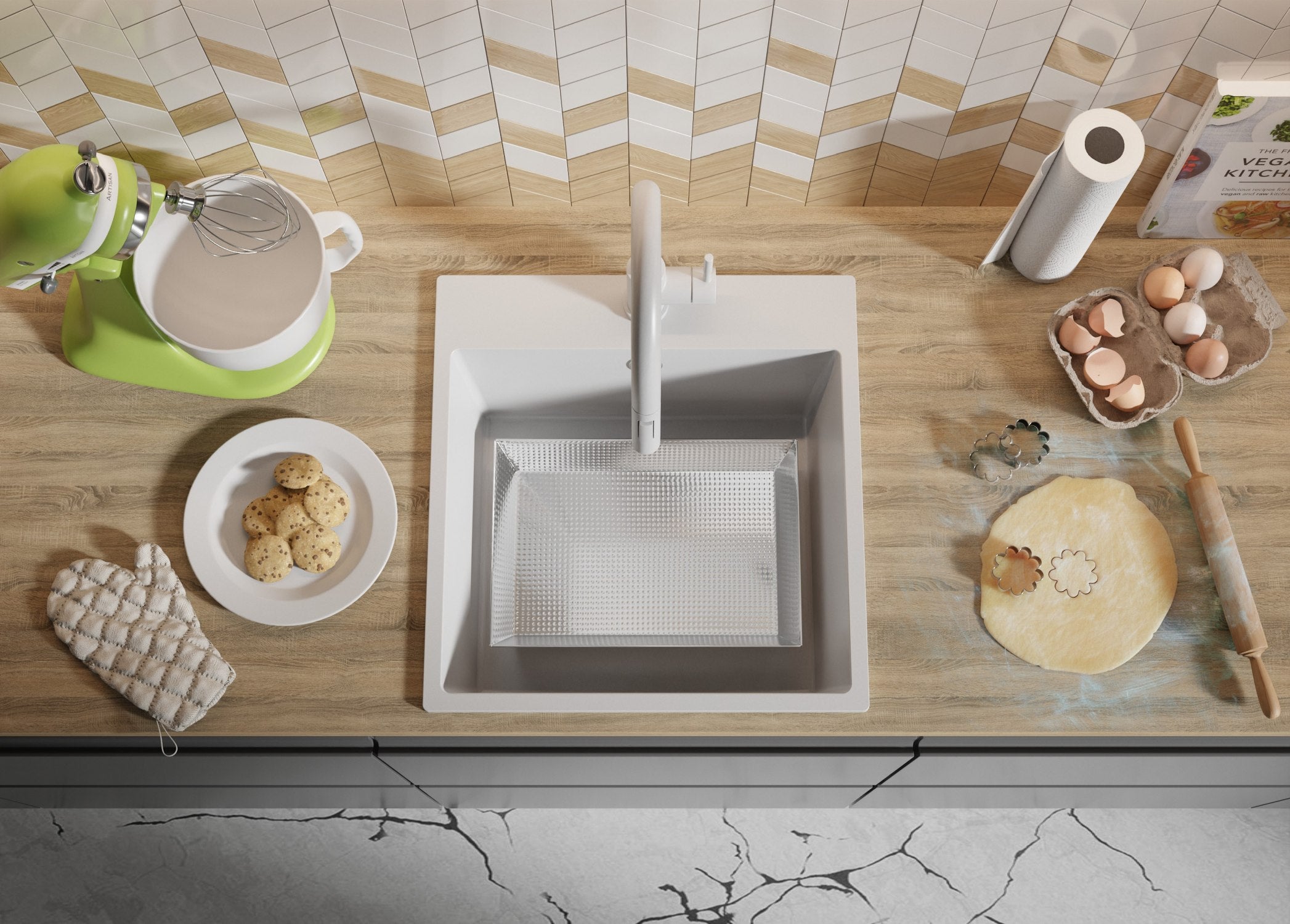 Lavello da Cucina Bianco 48x50cm, Lavandino in Granito a 1 vasca + Sifone Classico, Lavabo da Cucina Incasso al mobile 50cm - Riga PRIMAGRAN - 8