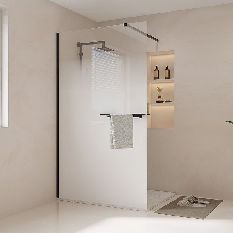 Ścianka prysznicowa dymiona do kabiny walk-in z wieszakiem na ręczniki i półeczkami - 120 x 200 cm - Czarny mat - POMARO
