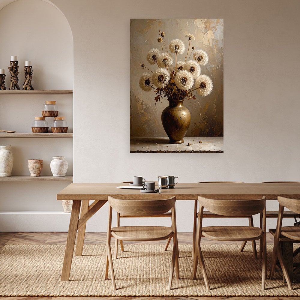 Obraz pionowy do salonu biura kuchni, Dmuchawce bukiet w beżu 80x120 - 2