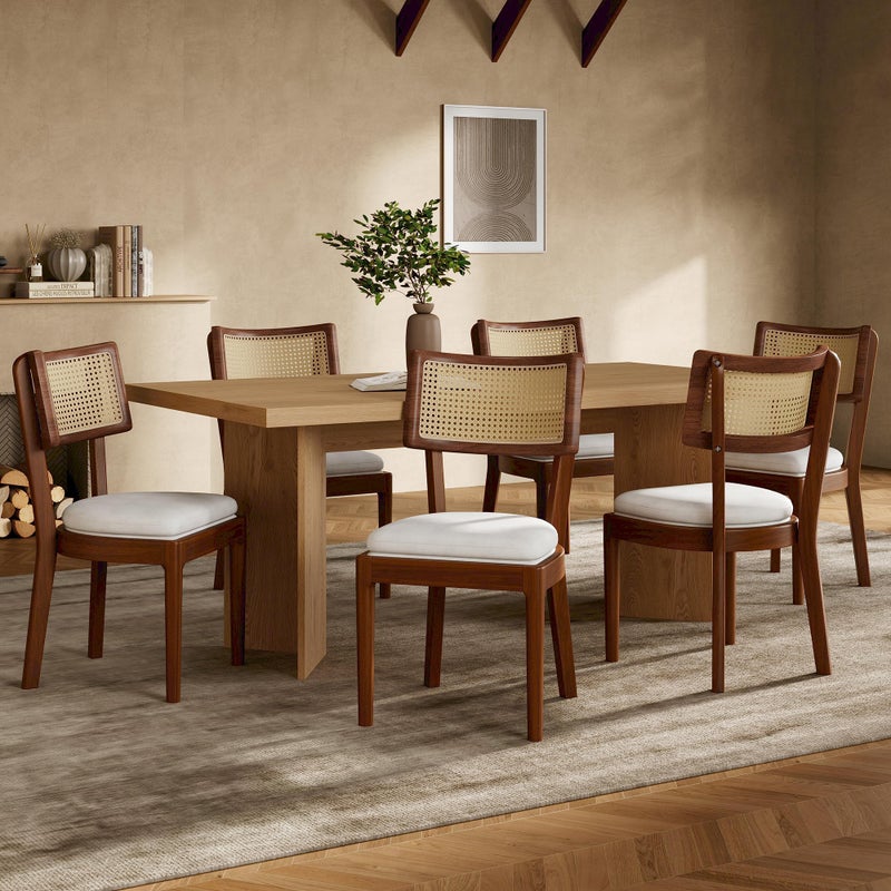 Zestaw 6 krzeseł do jadalni z litego drewna z oparciami z rattanu – siedzisko tapicerowane welurem – kolor orzechowy