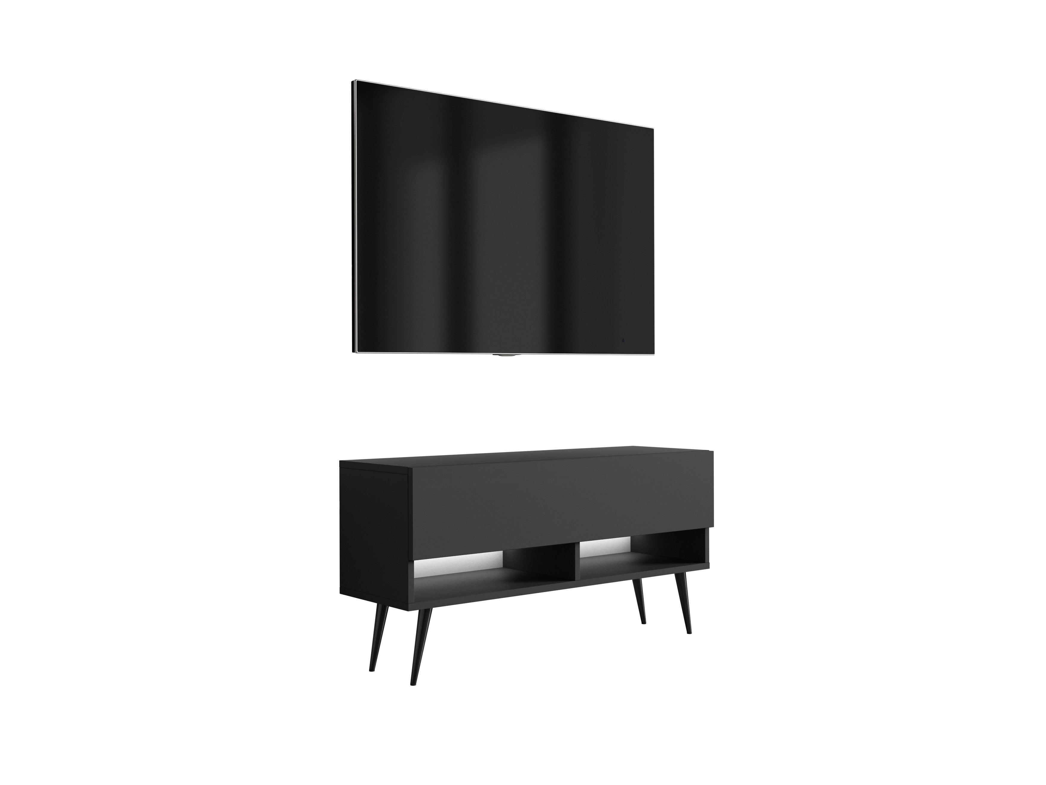 Szafka RTV : Czarny Mat, nóżki pochyłe czarne, LED biały, 100 × 32 × 52 cm