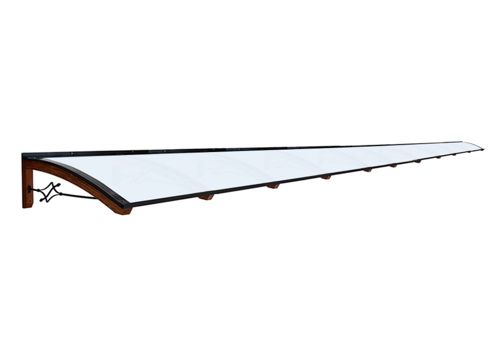 Refugio exterior de madera laminada, cobertura de policarbonato opal, dimensiones 100x1000 cm, color madera teck