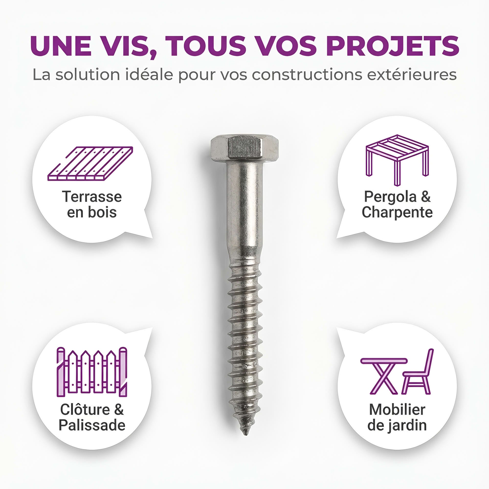 Lot de 100 Tirefonds en acier inoxydable A2 - DIN 571 - Tête Hexagonale - Diamètre 8 mm - Longueur 100 mm - Diamètre 8 mm - 4