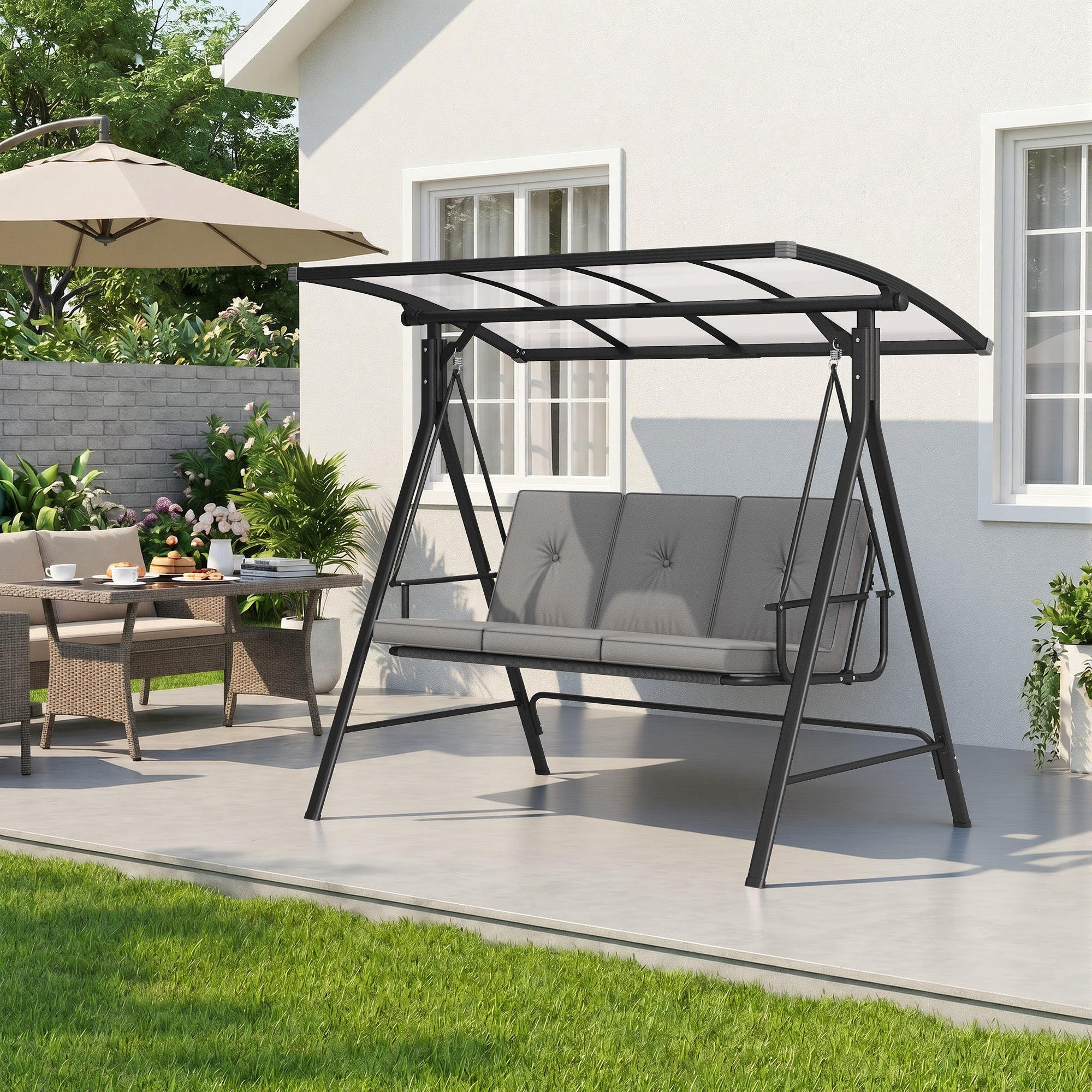 Balancelle de jardin 3 places avec toit transparent,structure métallique noire avec coussins gris - 2
