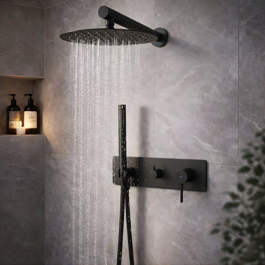 Ensemble de douche à encastrer mitigeur ESSEBAGNO noir mat rond. Pomme de douche murale 25 cm anticalcaire 2 voies - 5