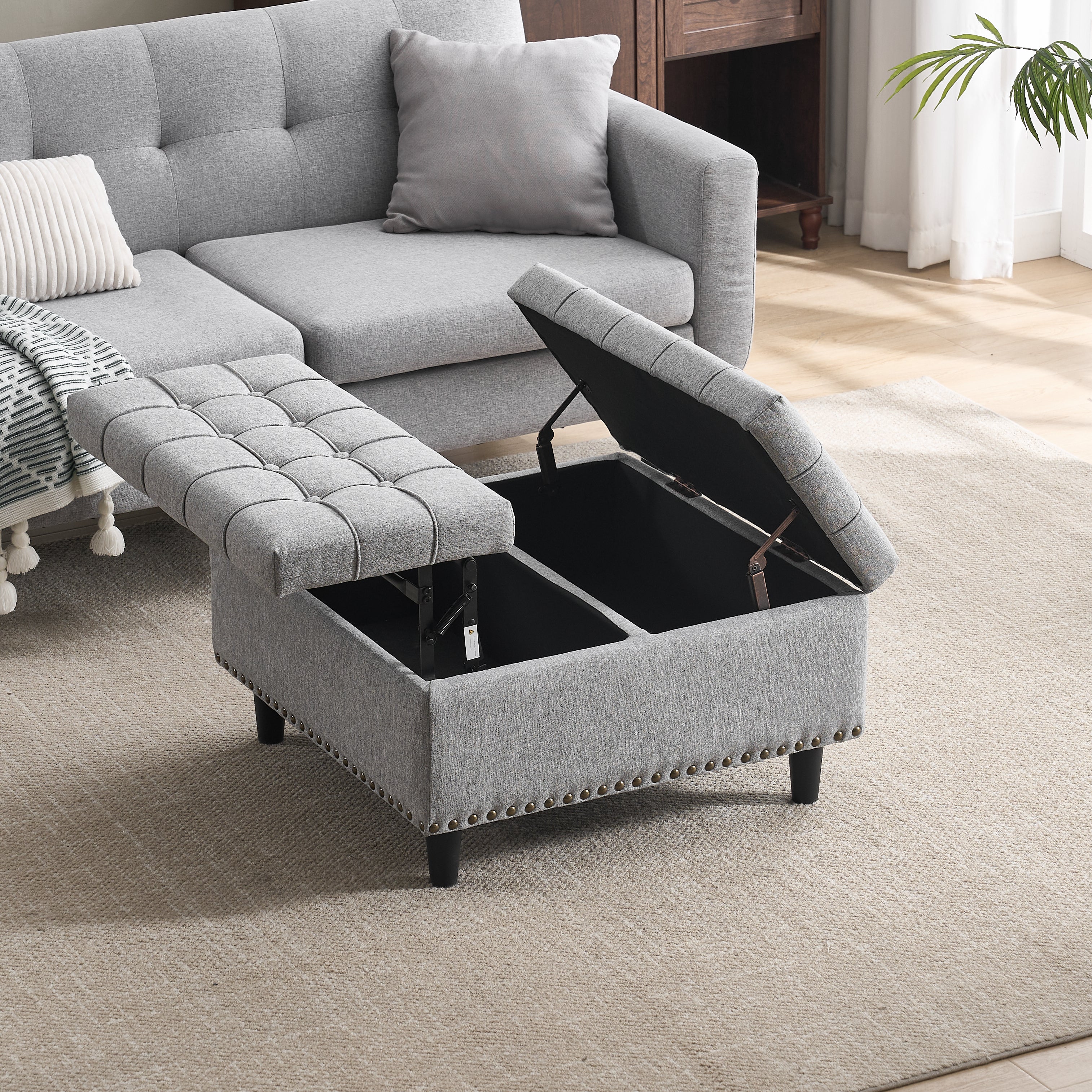 Banc Coffre Rangement 75x75x41 Cm - Pouf Relevable, 2 Compartiments, Tissu Lin Beige, Charge 130 Kg - Salon, Chambre, Bureau